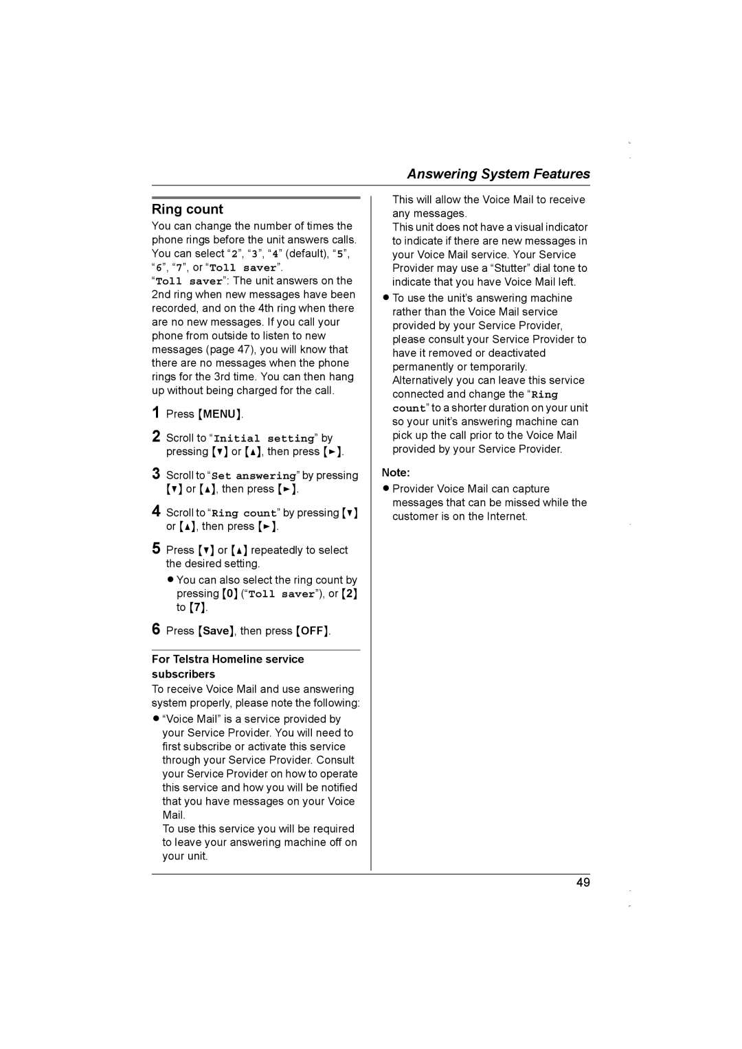 Panasonic KX-TG5839AL, KX-TG5838AL operating instructions Ring count, For Telstra Homeline service subscribers 