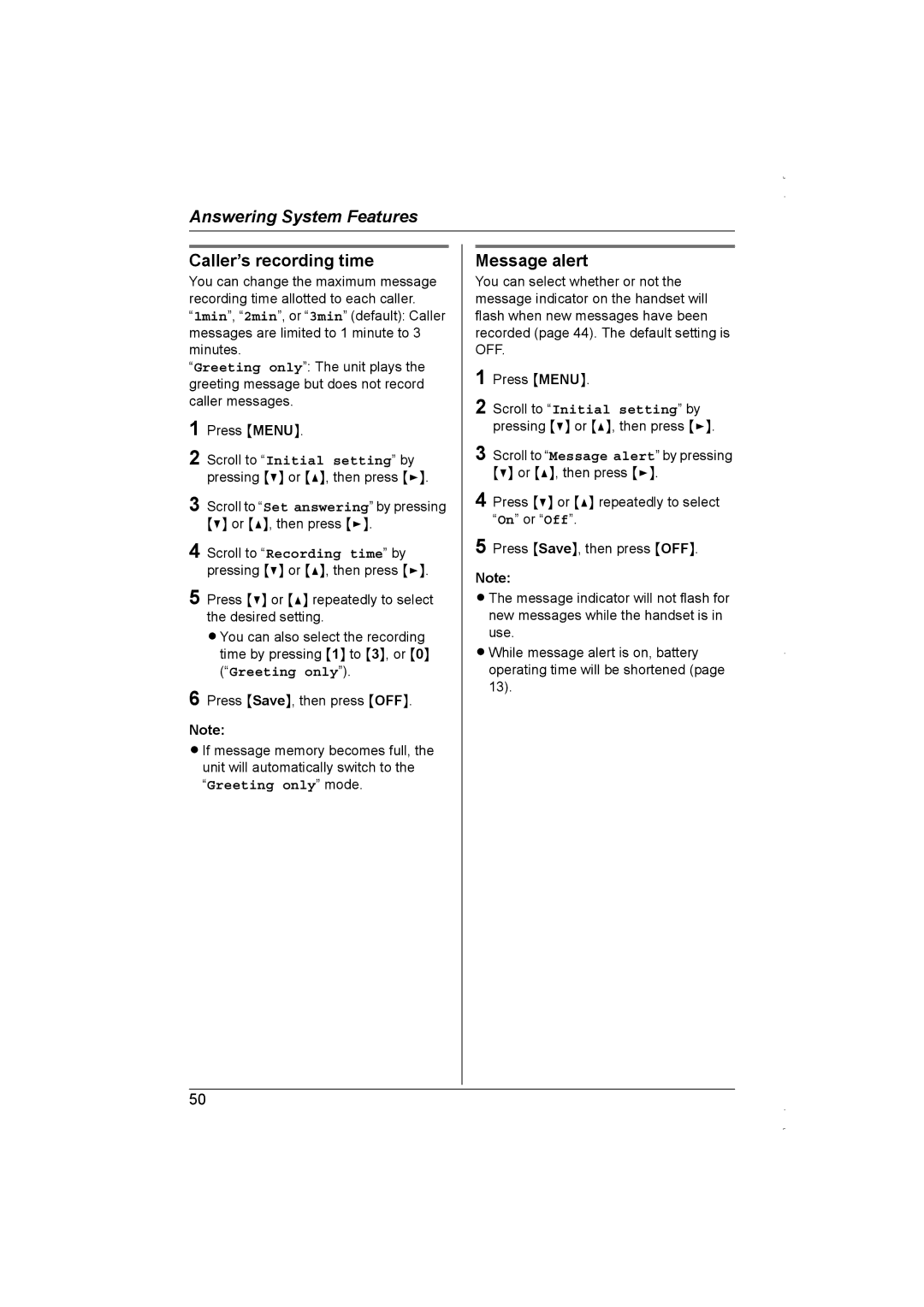 Panasonic KX-TG5838AL, KX-TG5839AL operating instructions Caller’s recording time, Message alert, Greeting only 