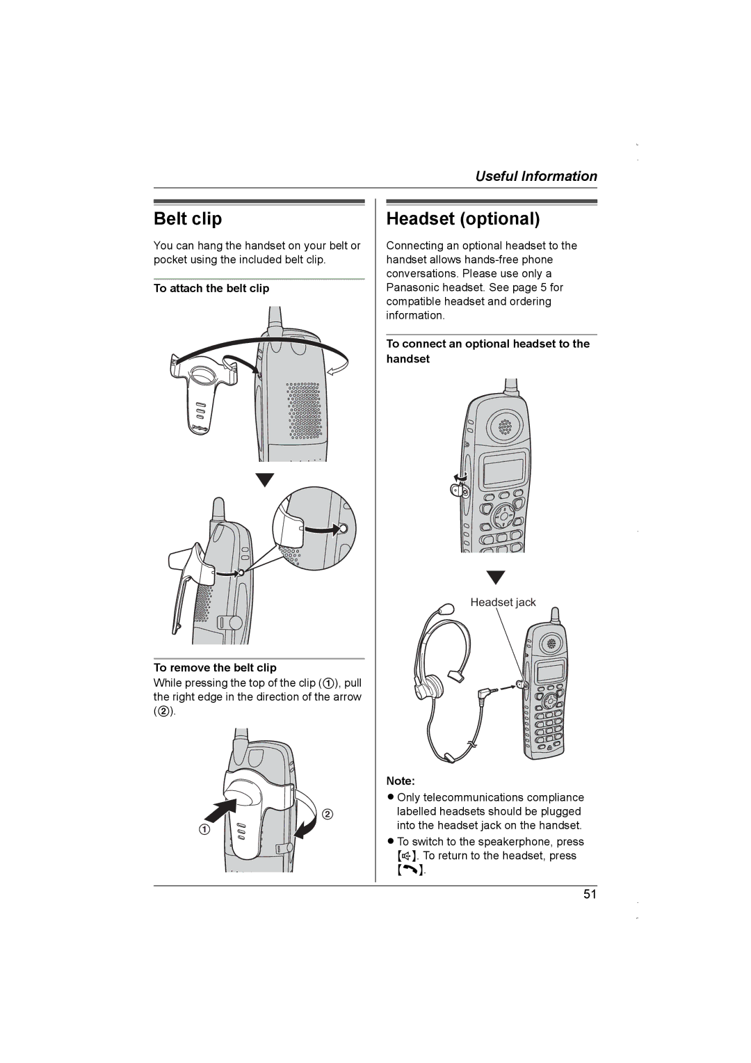 Panasonic KX-TG5839AL, KX-TG5838AL Belt clip, Headset optional, To attach the belt clip To remove the belt clip 