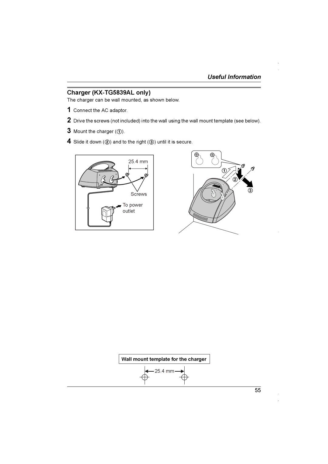 Panasonic KX-TG5838AL operating instructions Charger KX-TG5839AL only, Wall mount template for the charger 