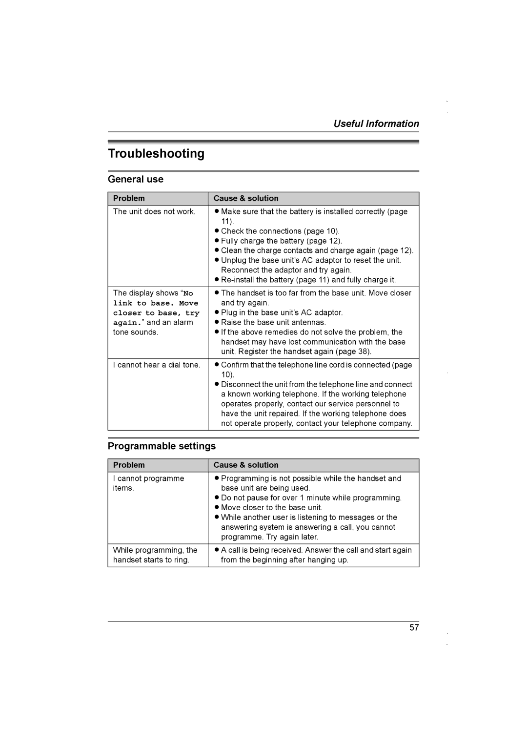 Panasonic KX-TG5839AL, KX-TG5838AL General use, Programmable settings, Problem Cause & solution, Link to base. Move 