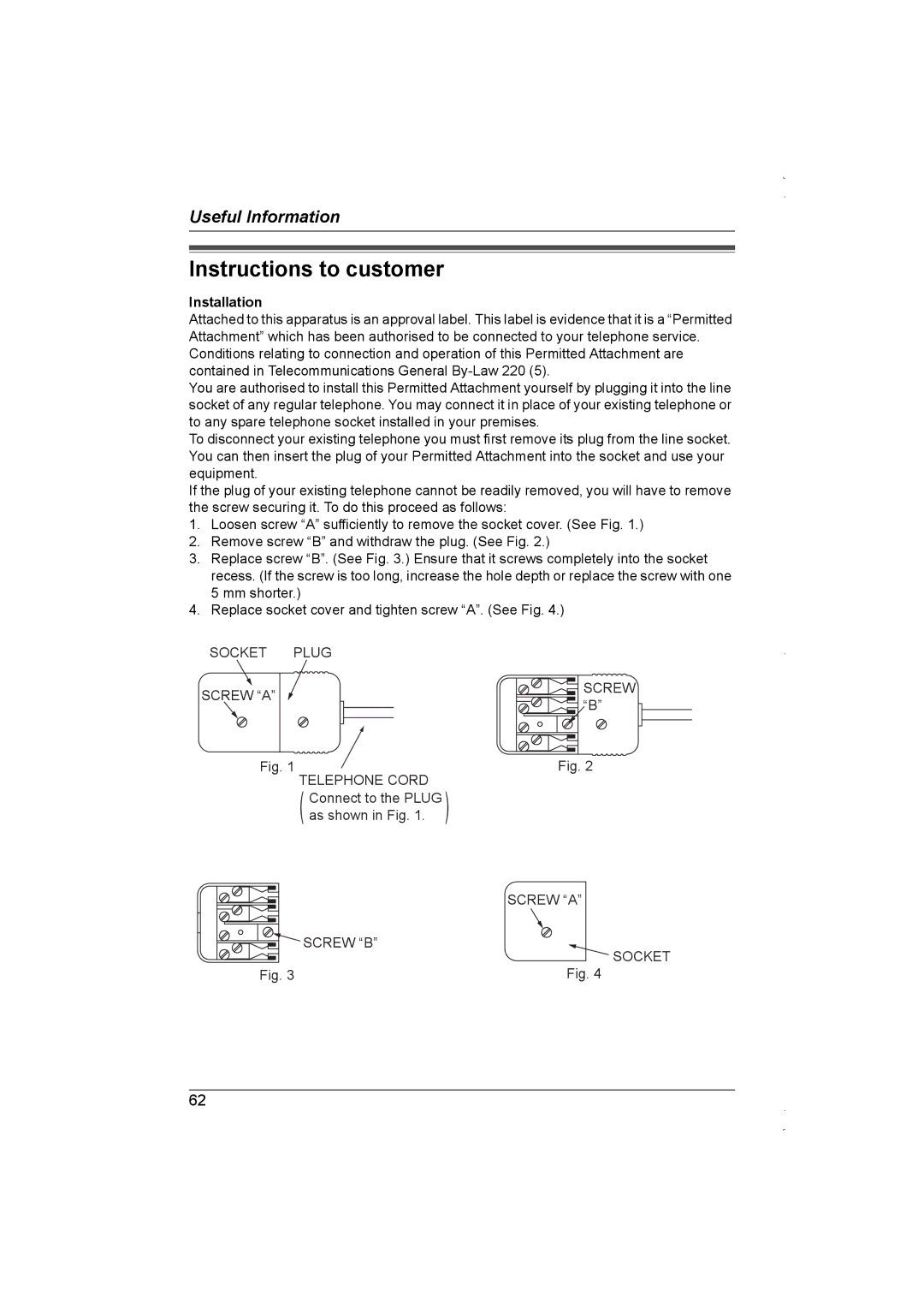 Panasonic KX-TG5838AL, KX-TG5839AL operating instructions Instructions to customer, Installation 