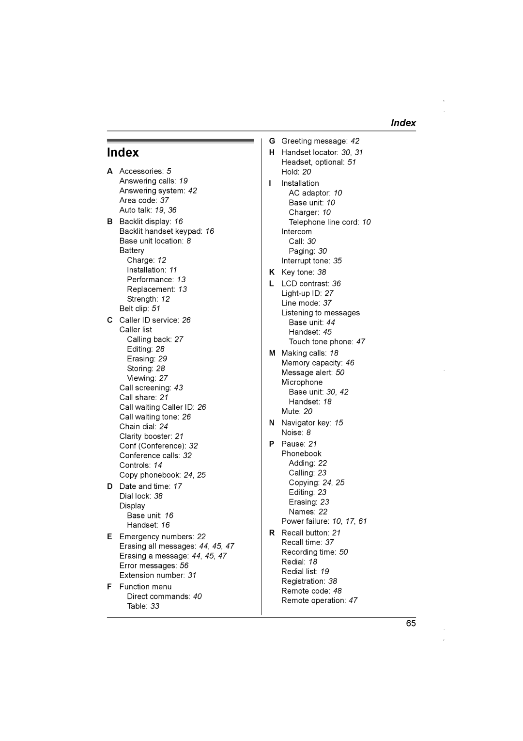 Panasonic KX-TG5839AL, KX-TG5838AL operating instructions Index 