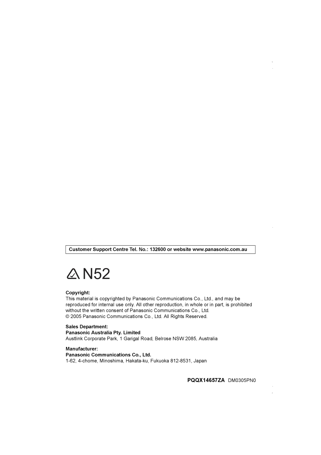 Panasonic KX-TG5838AL, KX-TG5839AL Copyright Sales Department Panasonic Australia Pty. Limited, Manufacturer 