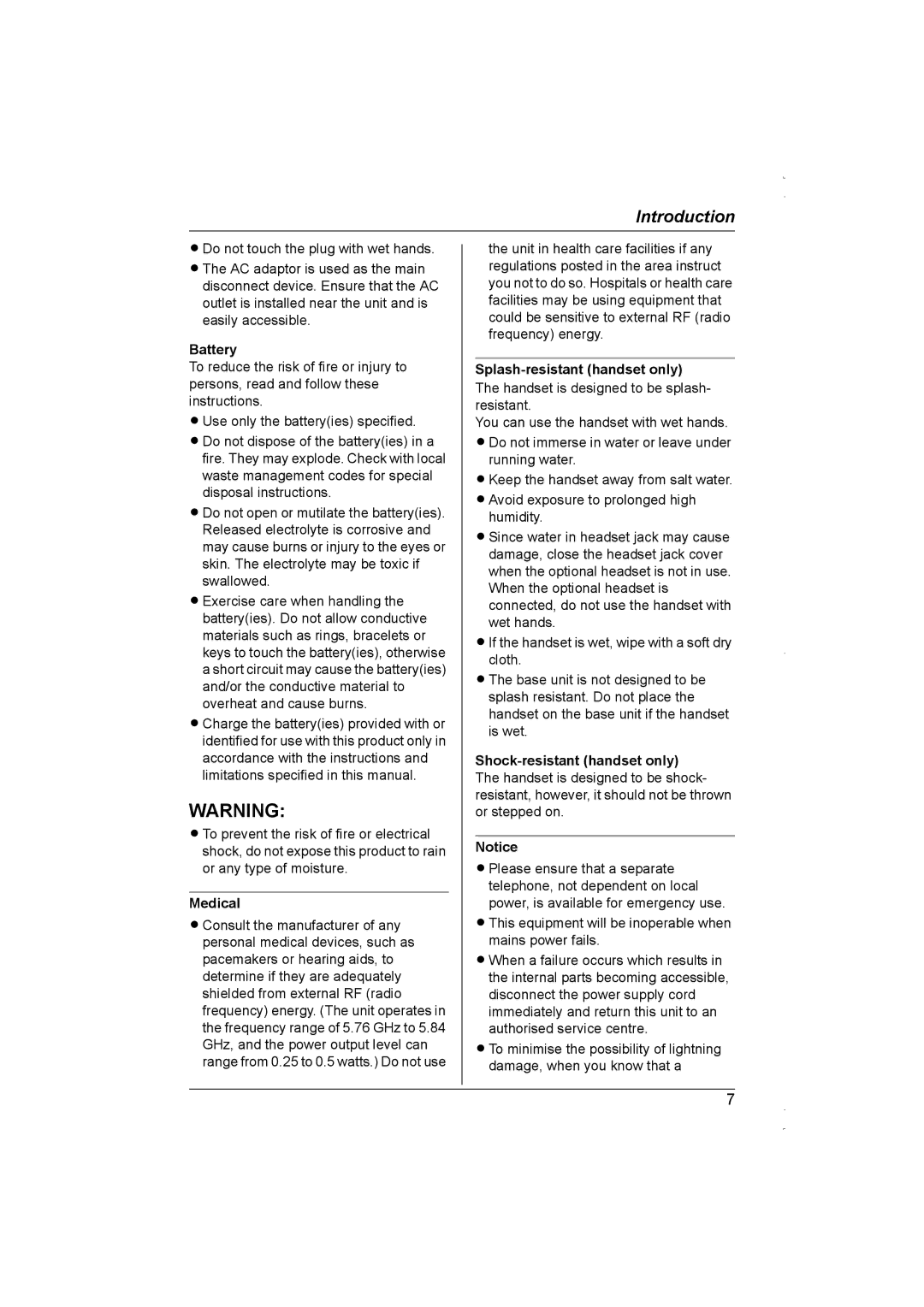 Panasonic KX-TG5839AL, KX-TG5838AL operating instructions Battery, Medical, Splash-resistant handset only 