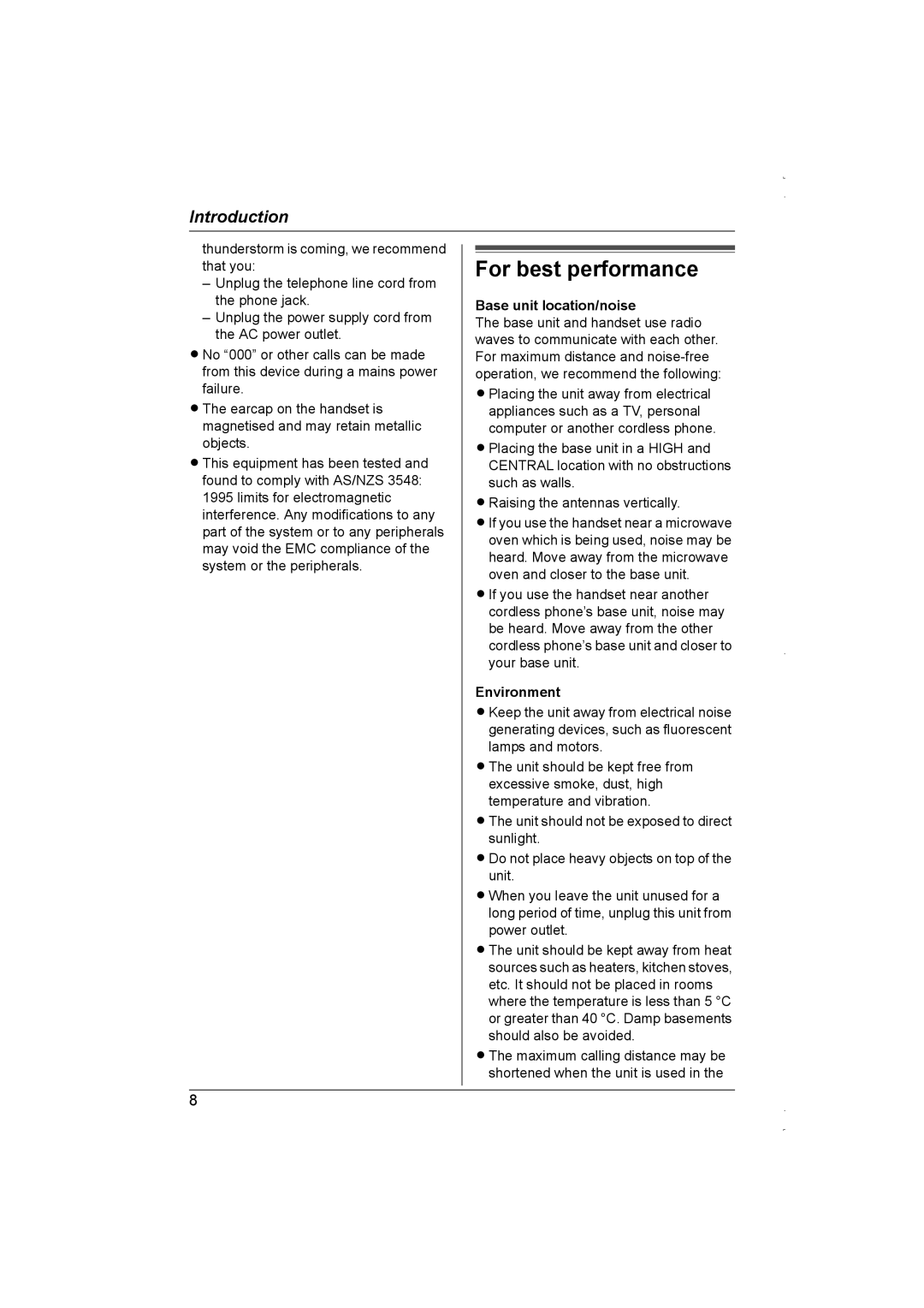 Panasonic KX-TG5838AL, KX-TG5839AL operating instructions For best performance, Base unit location/noise, Environment 