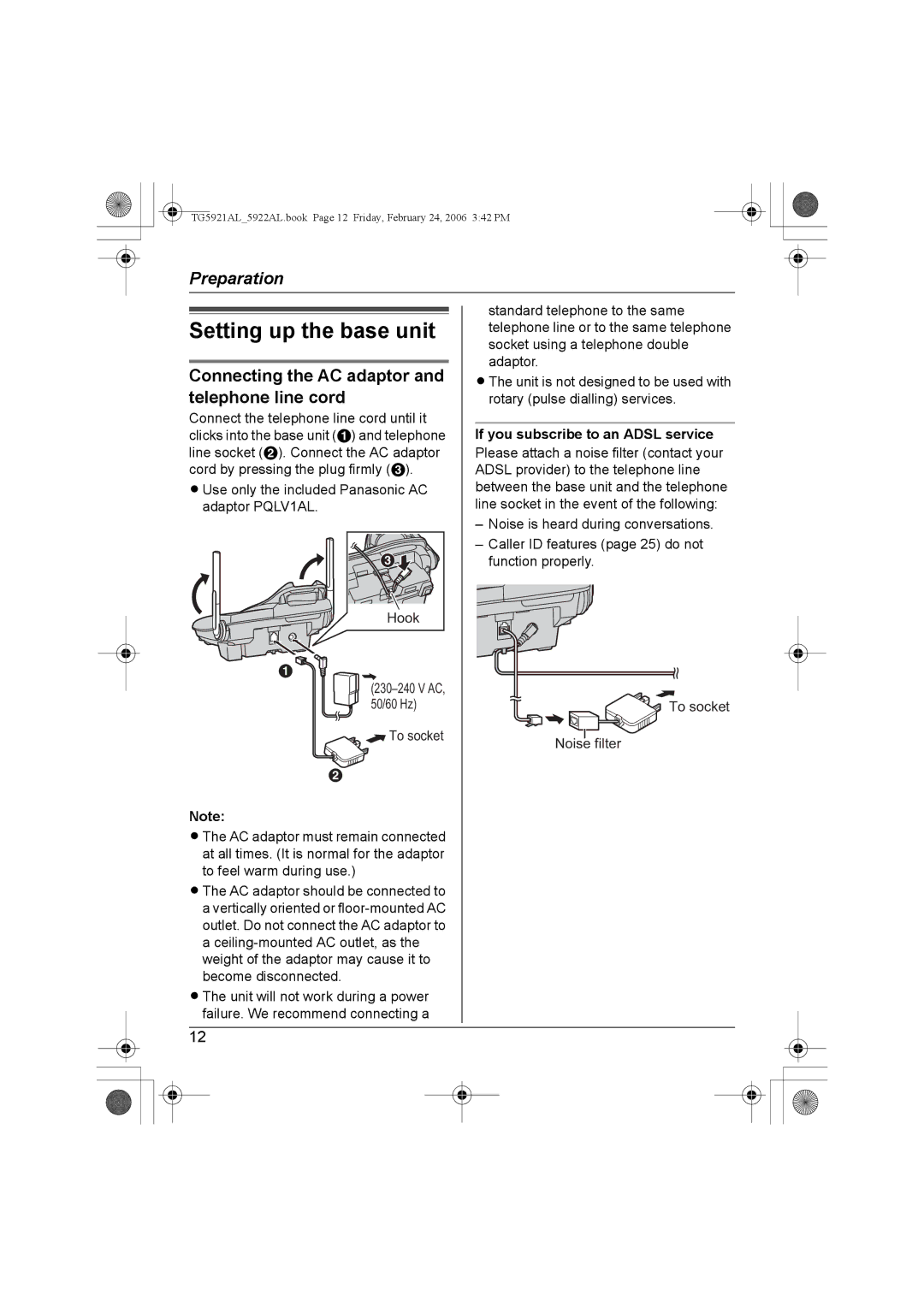 Panasonic KX-TG5921AL, KX-TG5922AL Setting up the base unit, Connecting the AC adaptor and telephone line cord 