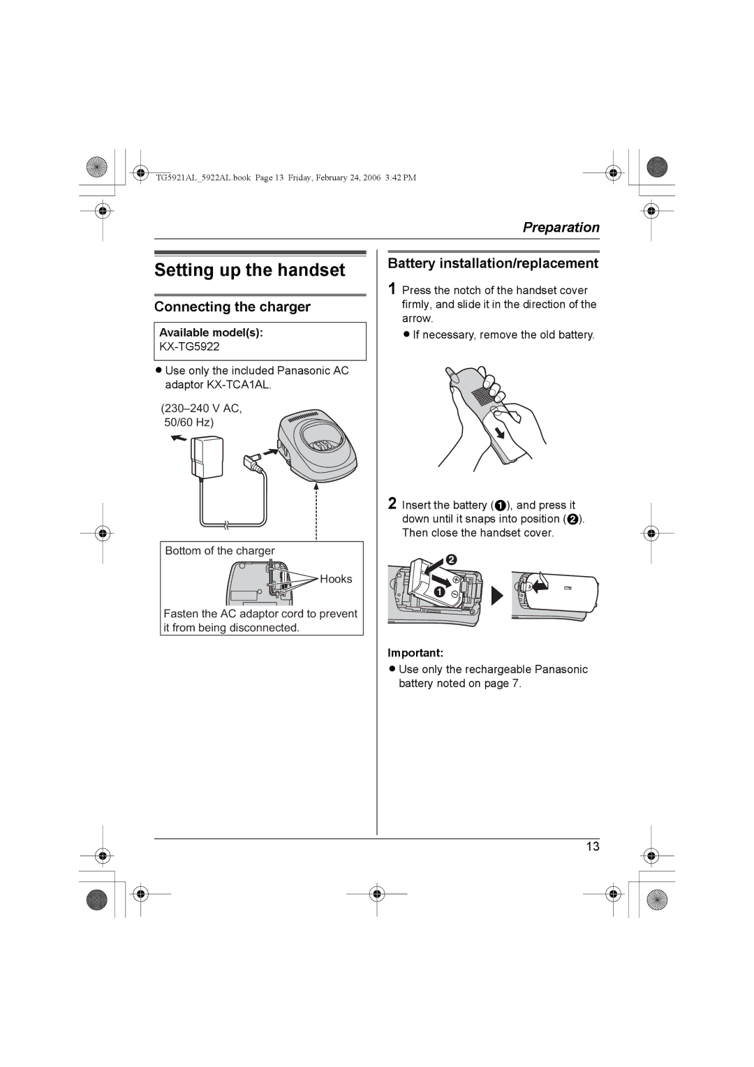 Panasonic KX-TG5922AL Setting up the handset, Connecting the charger, Battery installation/replacement, Available models 