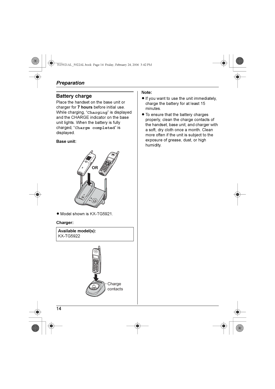 Panasonic KX-TG5921AL, KX-TG5922AL operating instructions Battery charge, Base unit, Charger Available models 