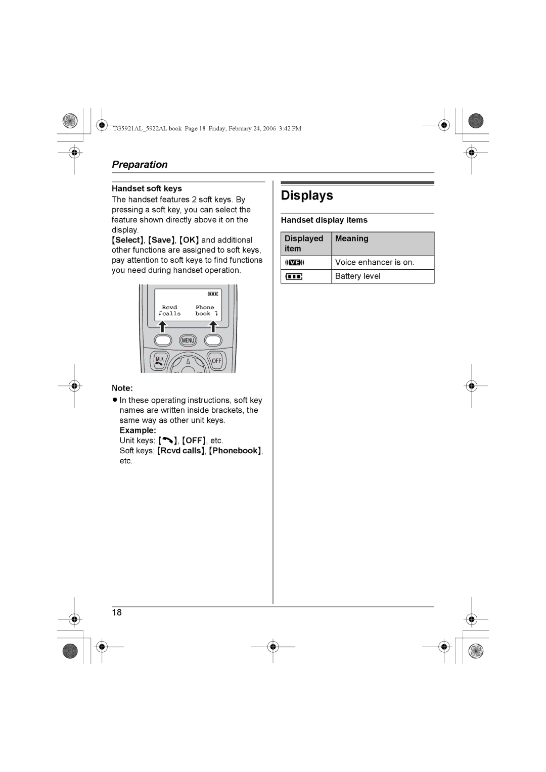 Panasonic KX-TG5921AL, KX-TG5922AL Displays, Handset soft keys, Handset display items Displayed Meaning item 