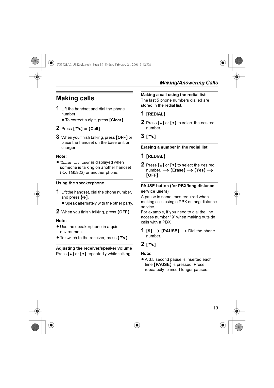 Panasonic KX-TG5922AL, KX-TG5921AL operating instructions Making calls 