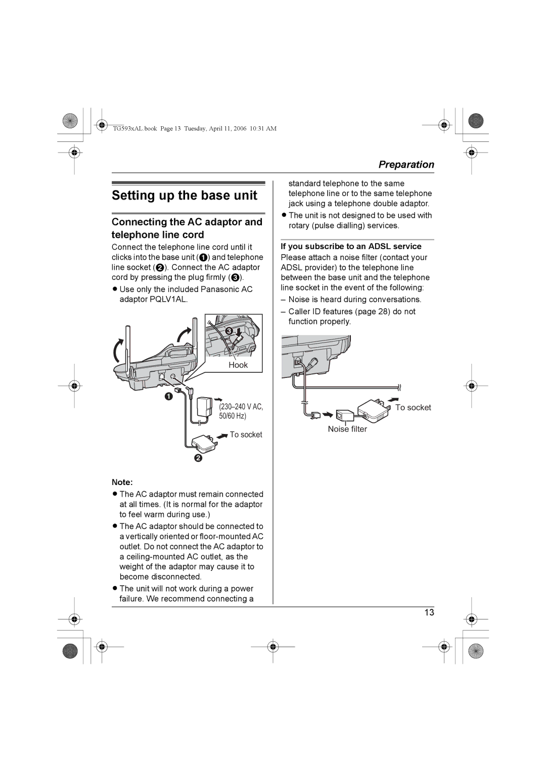 Panasonic KX-TG5932AL, KX-Tg5933AL, KX-TG5931AL Setting up the base unit, Connecting the AC adaptor and telephone line cord 