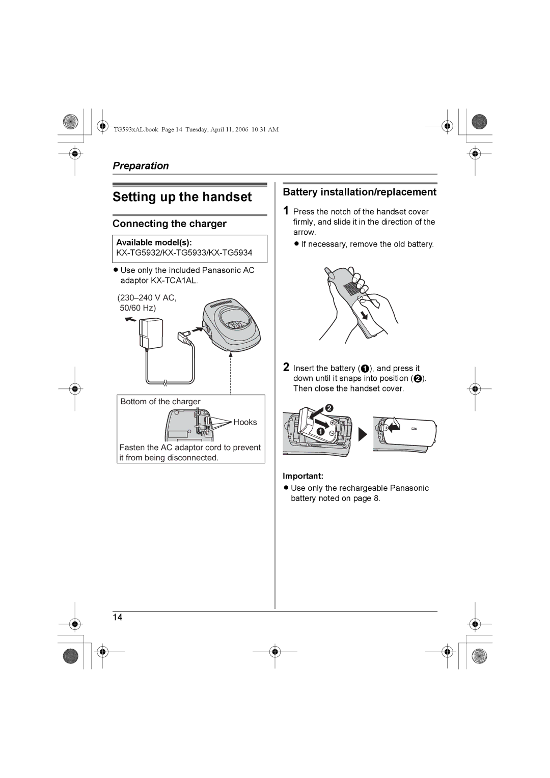 Panasonic KX-TG5931AL, KX-Tg5933AL Setting up the handset, Connecting the charger, Battery installation/replacement 