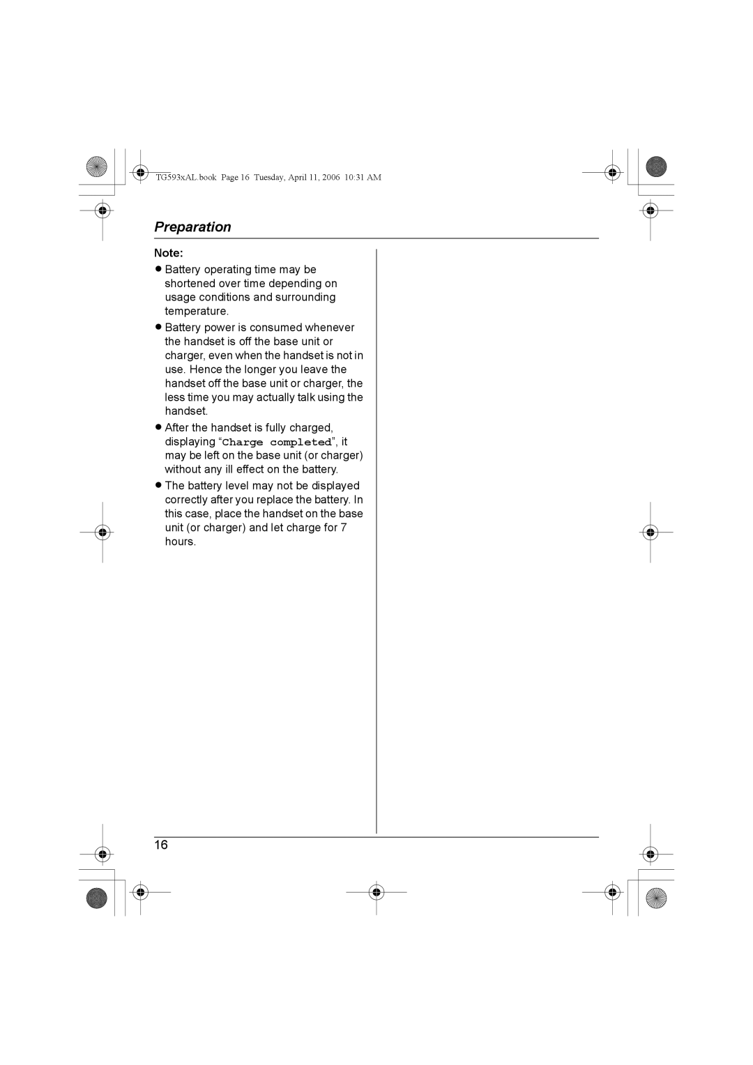 Panasonic KX-Tg5933AL, KX-TG5932AL, KX-TG5931AL, KX-TG5934AL TG593xAL.book Page 16 Tuesday, April 11, 2006 1031 AM 