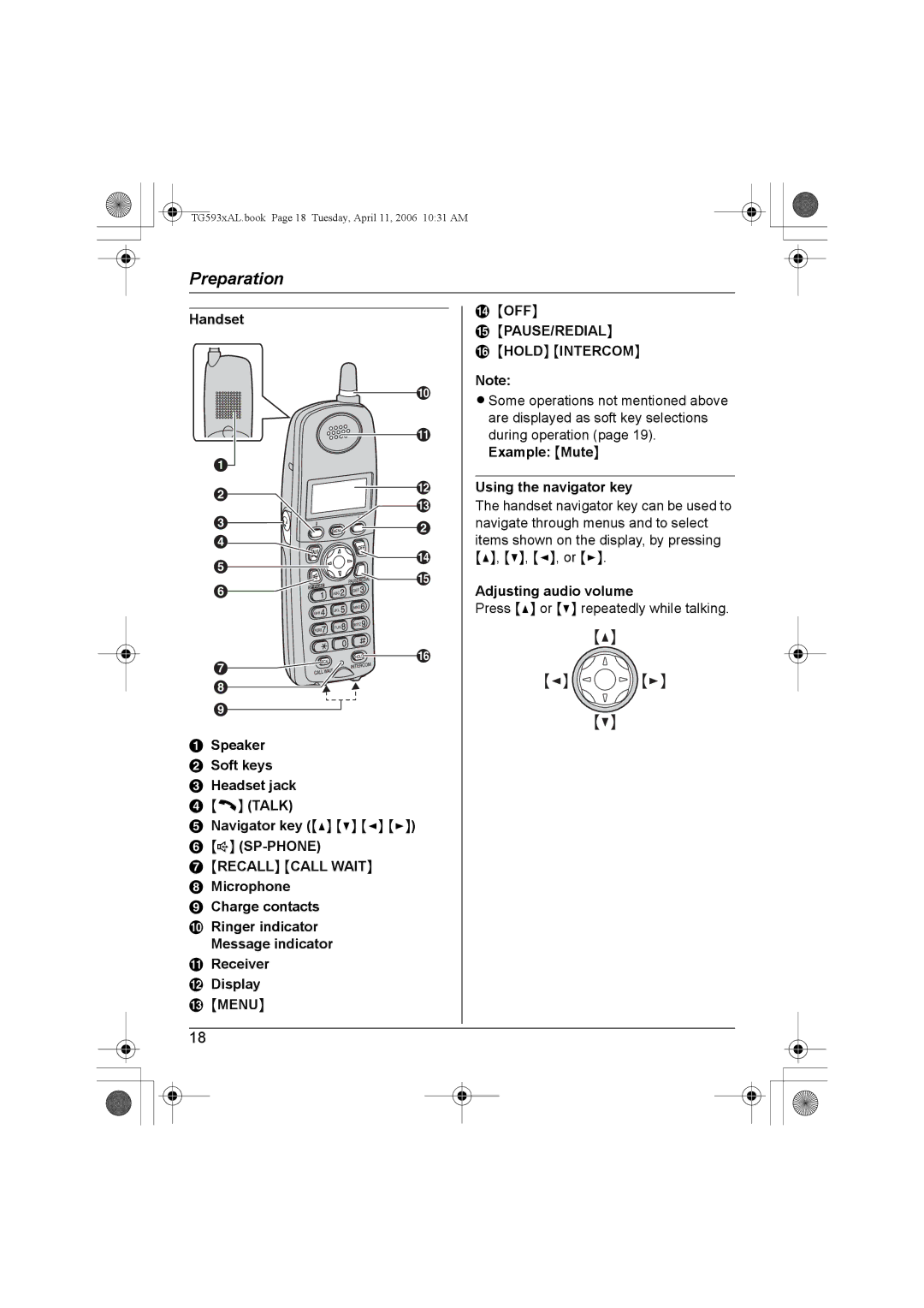 Panasonic KX-TG5931AL, KX-Tg5933AL, KX-TG5932AL, KX-TG5934AL Example Mute Using the navigator key, Adjusting audio volume 