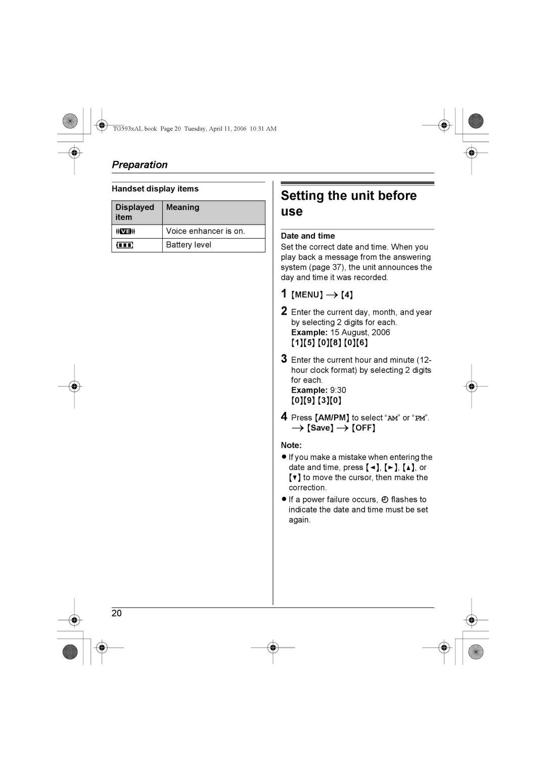 Panasonic KX-Tg5933AL Setting the unit before use, Handset display items Displayed Meaning item, Date and time 