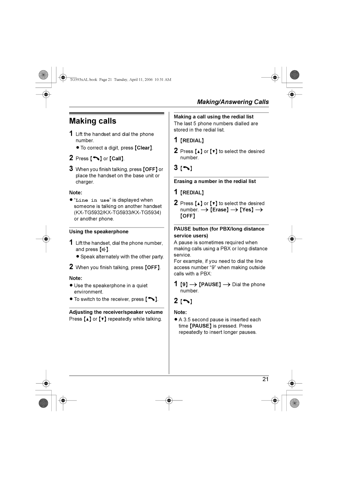 Panasonic KX-TG5932AL, KX-Tg5933AL, KX-TG5931AL, KX-TG5934AL operating instructions Making calls 