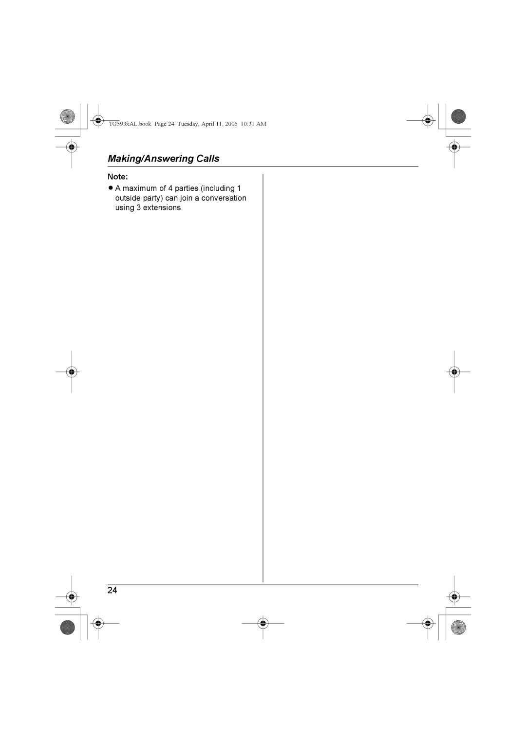 Panasonic KX-Tg5933AL, KX-TG5932AL, KX-TG5931AL, KX-TG5934AL TG593xAL.book Page 24 Tuesday, April 11, 2006 1031 AM 