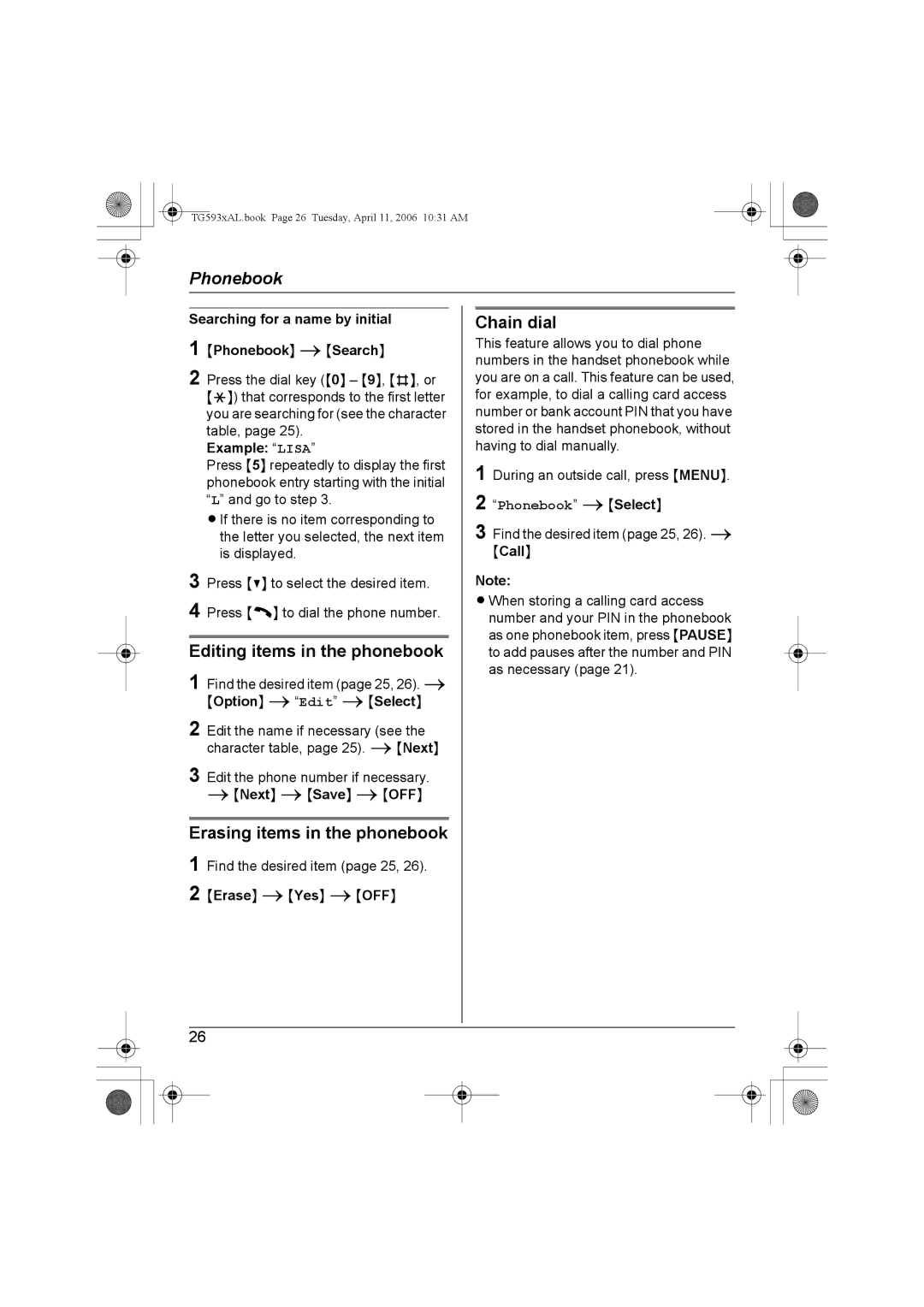 Panasonic KX-TG5931AL, KX-Tg5933AL, KX-TG5932AL Editing items in the phonebook, Erasing items in the phonebook, Chain dial 