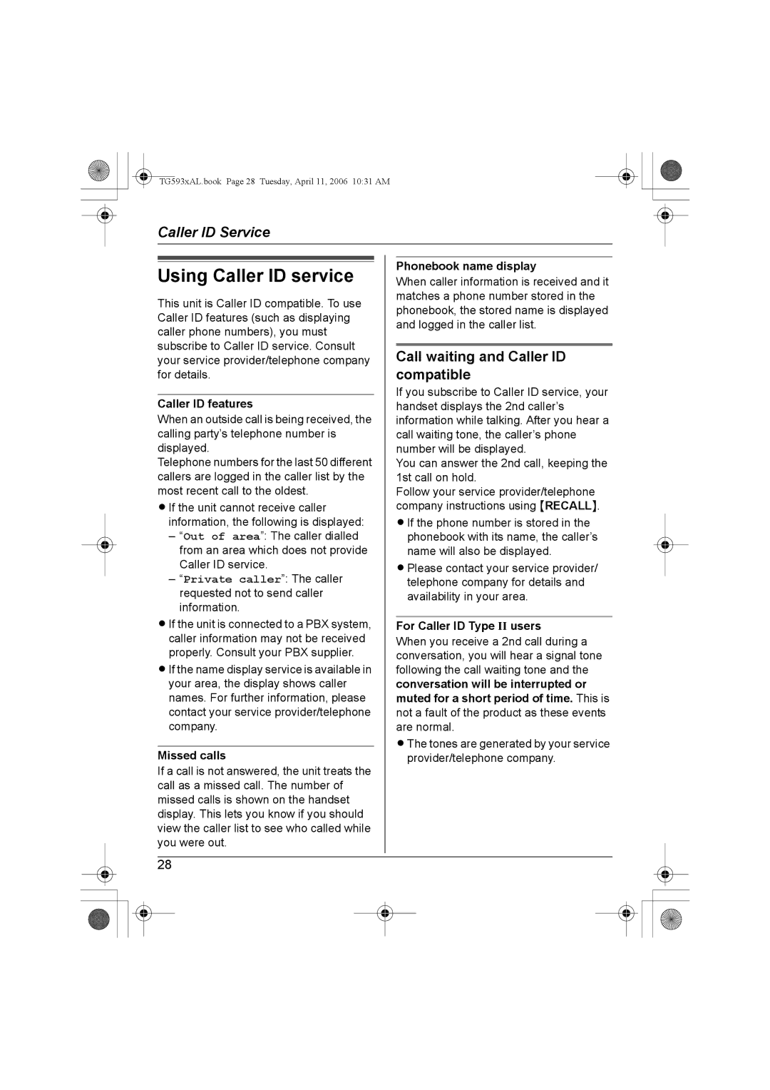 Panasonic KX-Tg5933AL, KX-TG5932AL, KX-TG5931AL, KX-TG5934AL Using Caller ID service, Call waiting and Caller ID compatible 