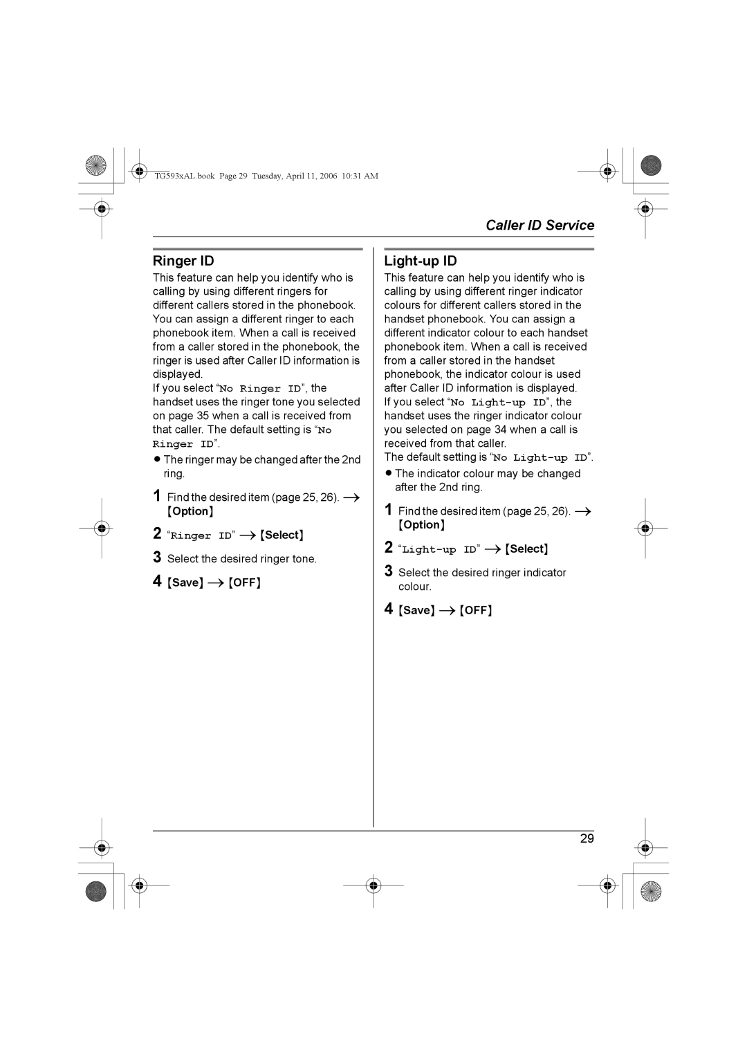 Panasonic KX-TG5932AL, KX-Tg5933AL, KX-TG5931AL, KX-TG5934AL operating instructions Ringer ID, Light-up ID 