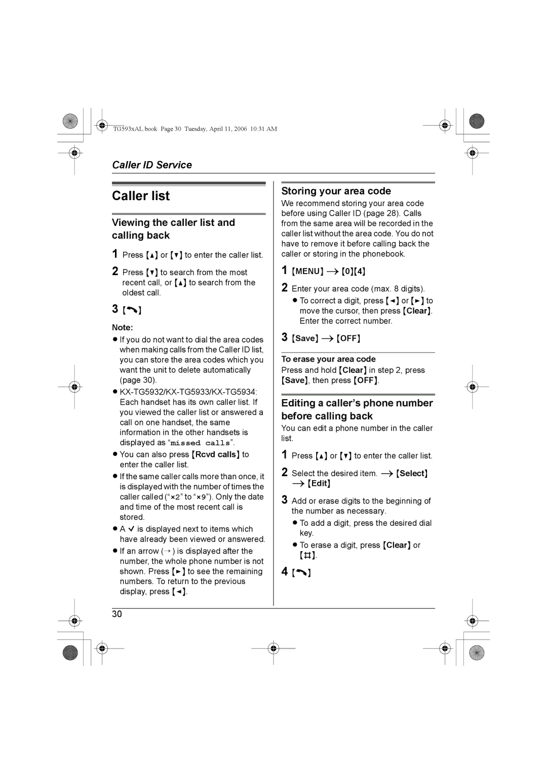 Panasonic KX-TG5931AL, KX-Tg5933AL Caller list, Viewing the caller list and calling back, Storing your area code 