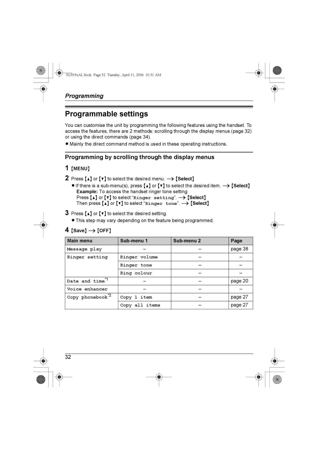 Panasonic KX-Tg5933AL, KX-TG5932AL, KX-TG5931AL Programmable settings, Programming by scrolling through the display menus 