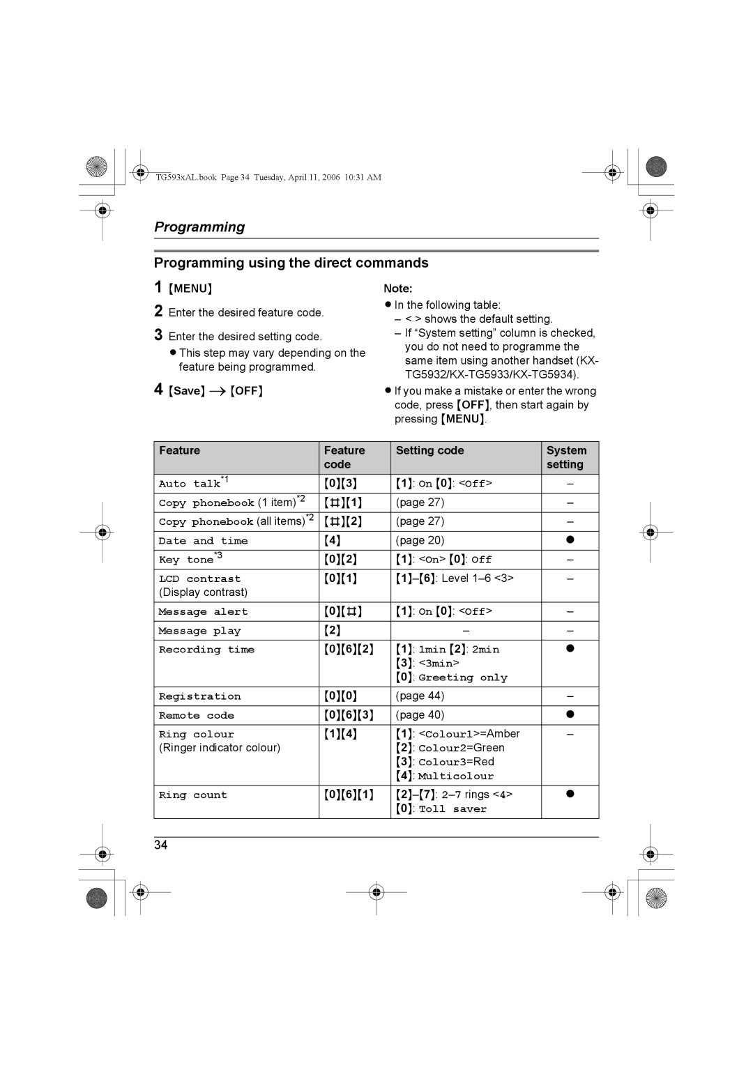 Panasonic KX-TG5931AL, KX-Tg5933AL Programming using the direct commands, Menu, Feature Setting code System Code 