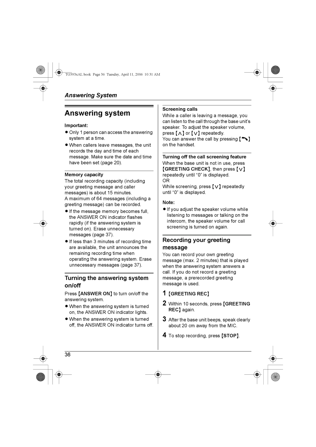 Panasonic KX-Tg5933AL, KX-TG5932AL Answering system, Turning the answering system on/off, Recording your greeting message 