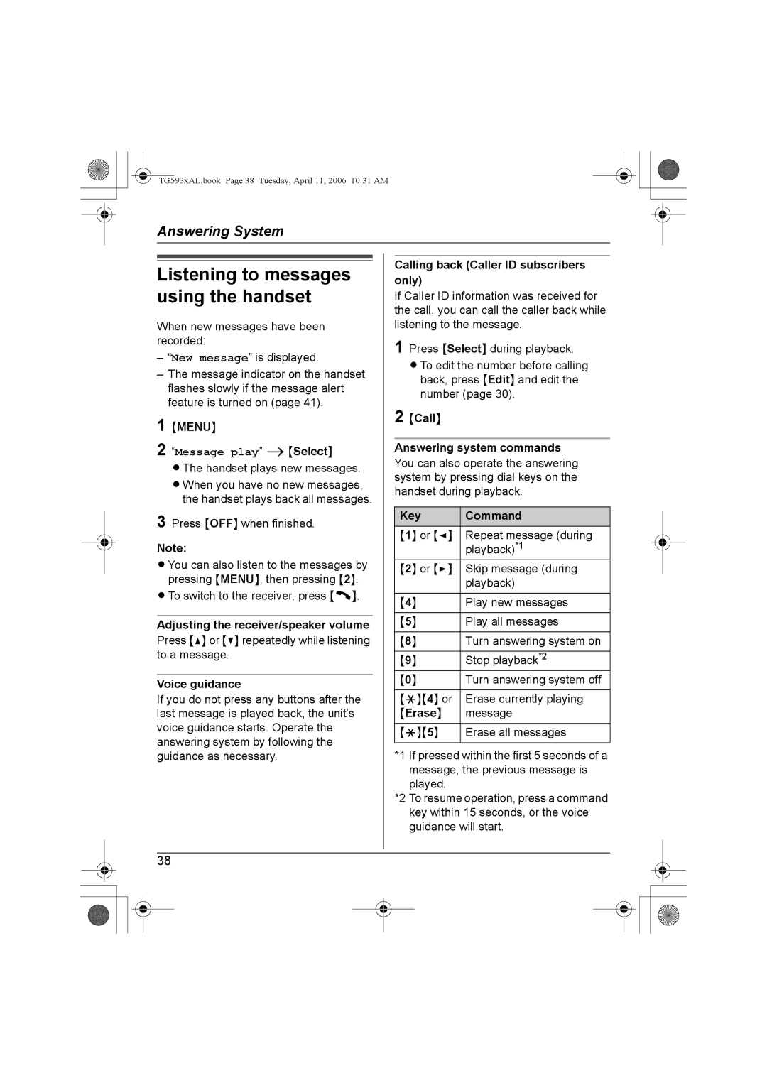 Panasonic KX-TG5931AL, KX-Tg5933AL, KX-TG5932AL Voice guidance, Calling back Caller ID subscribers only, Key Command, Erase 