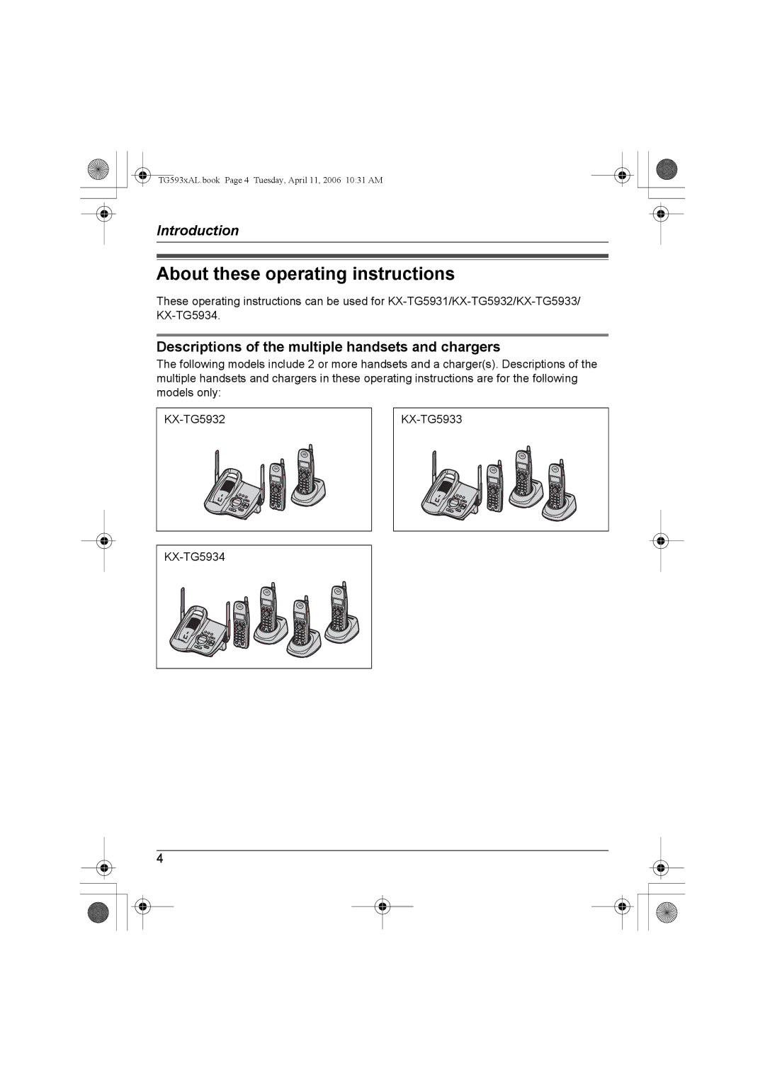 Panasonic KX-Tg5933AL, KX-TG5932AL About these operating instructions, Descriptions of the multiple handsets and chargers 