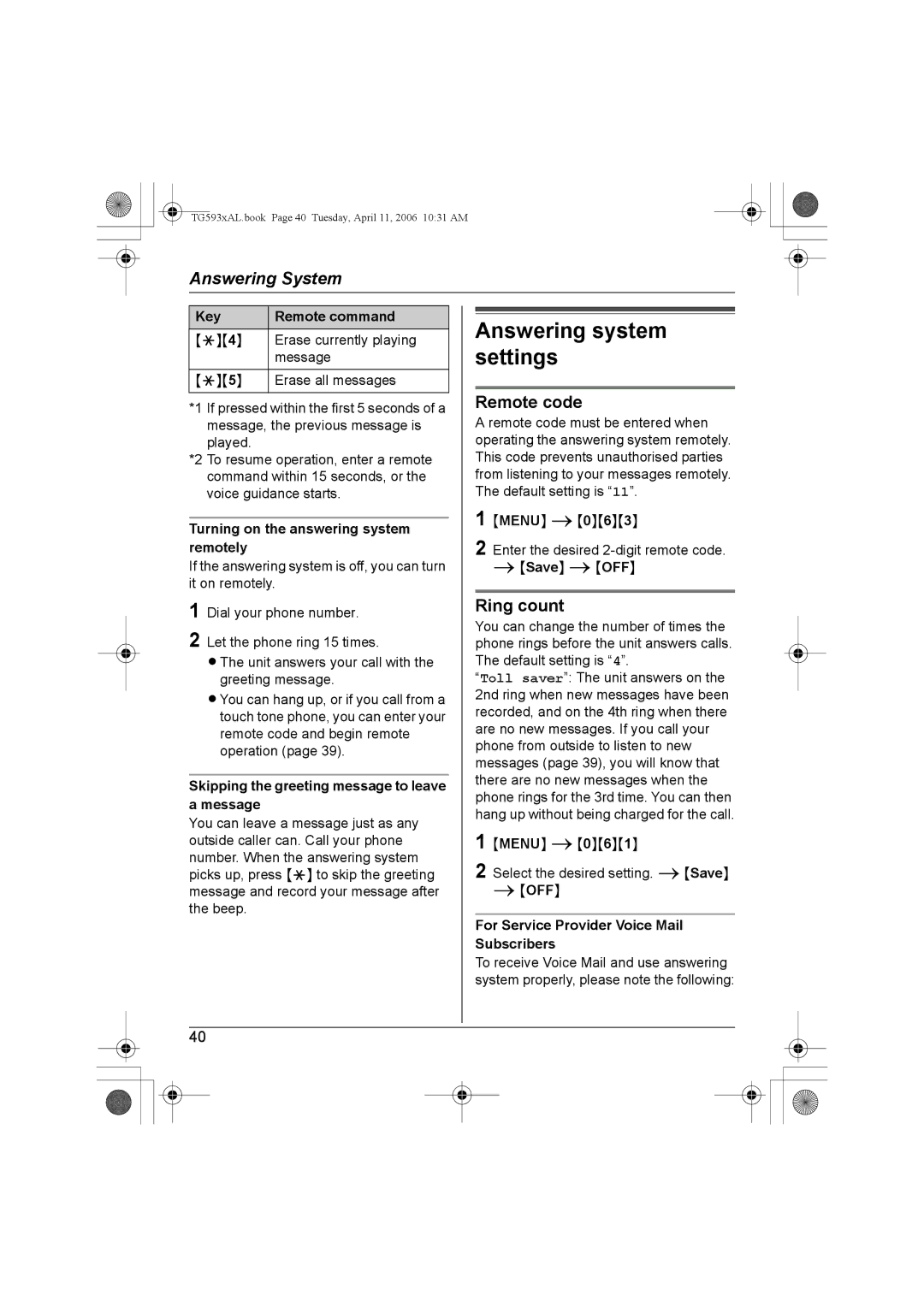 Panasonic KX-Tg5933AL, KX-TG5932AL, KX-TG5931AL, KX-TG5934AL Answering system settings, Remote code, Ring count 