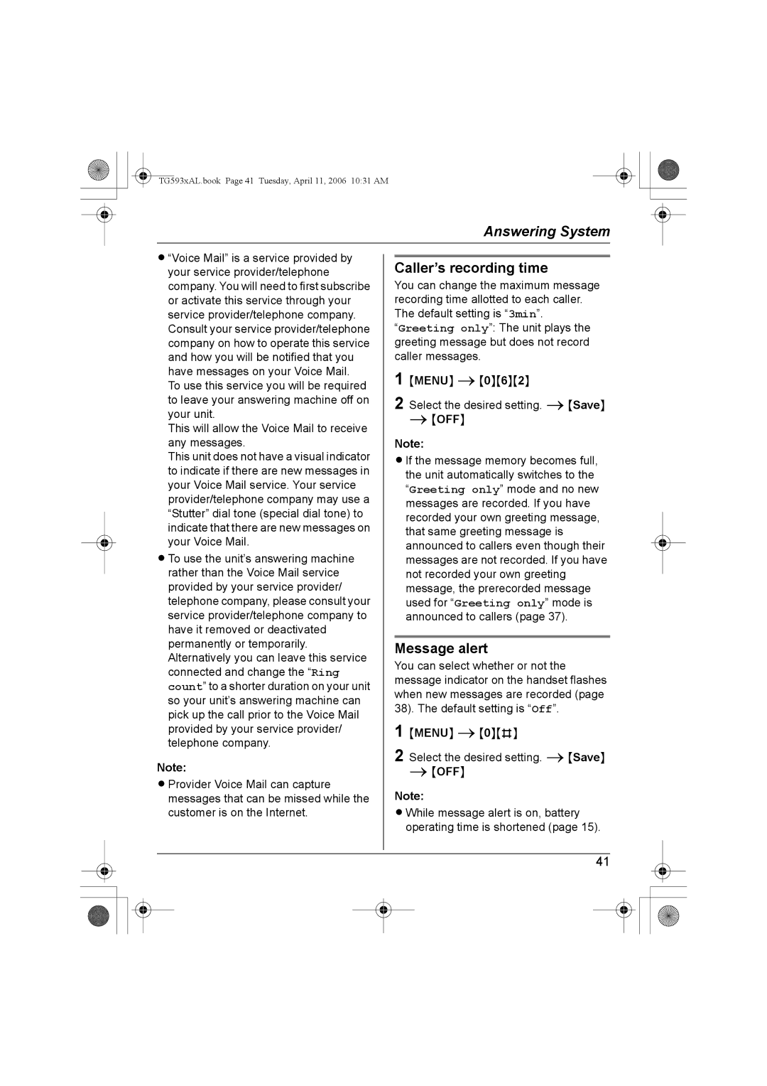 Panasonic KX-TG5932AL, KX-Tg5933AL, KX-TG5931AL, KX-TG5934AL operating instructions Caller’s recording time, Message alert 