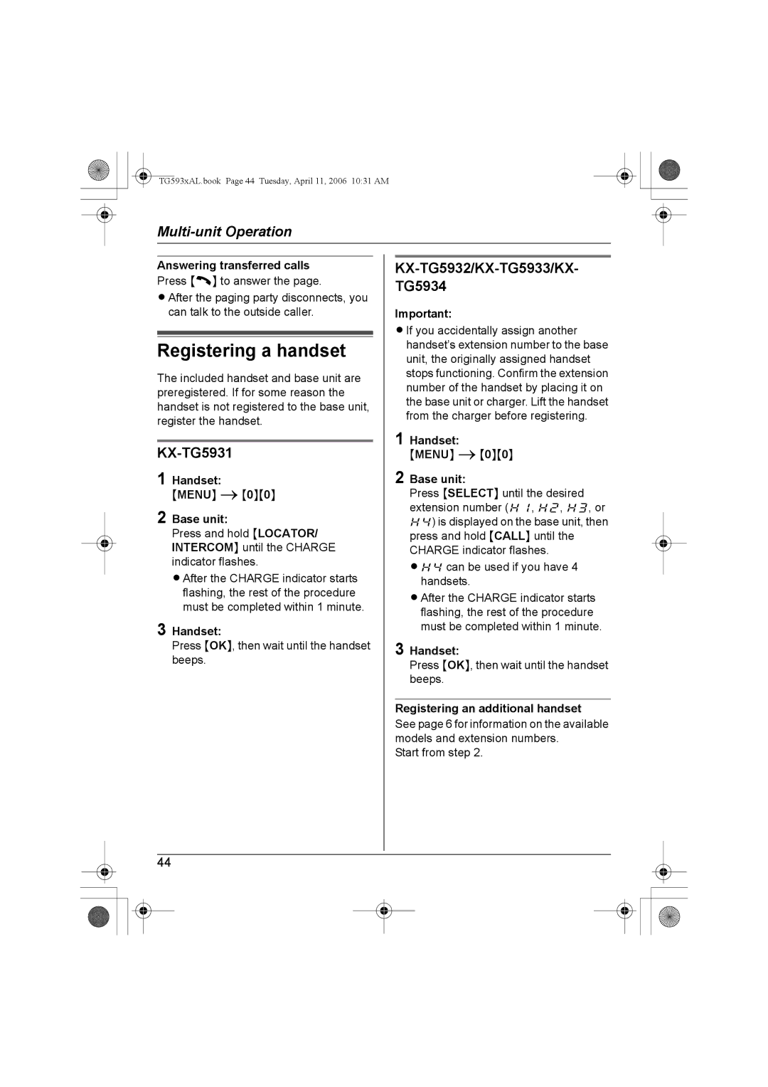 Panasonic KX-Tg5933AL, KX-TG5932AL Registering a handset, Answering transferred calls, Registering an additional handset 