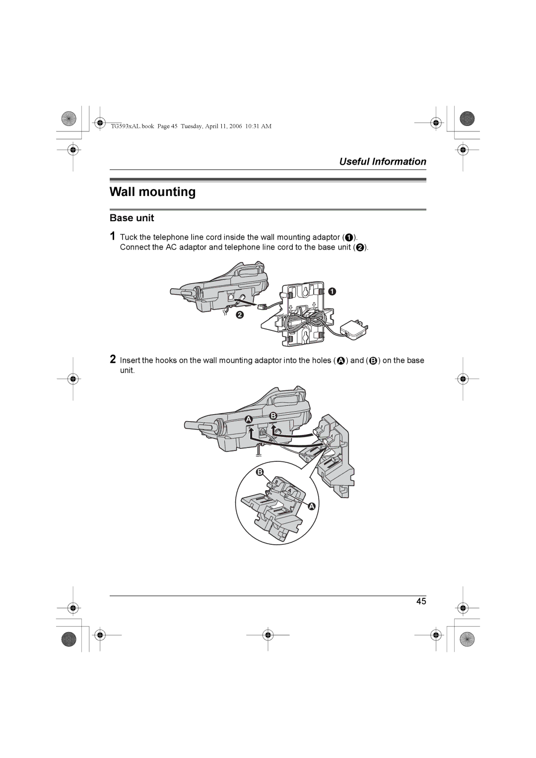 Panasonic KX-TG5932AL, KX-Tg5933AL, KX-TG5931AL, KX-TG5934AL operating instructions Wall mounting, Base unit 