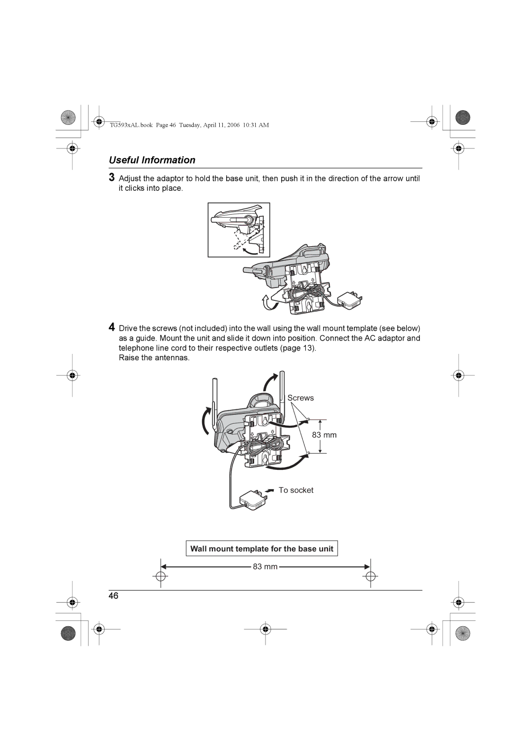 Panasonic KX-TG5931AL, KX-Tg5933AL, KX-TG5932AL, KX-TG5934AL operating instructions Wall mount template for the base unit 