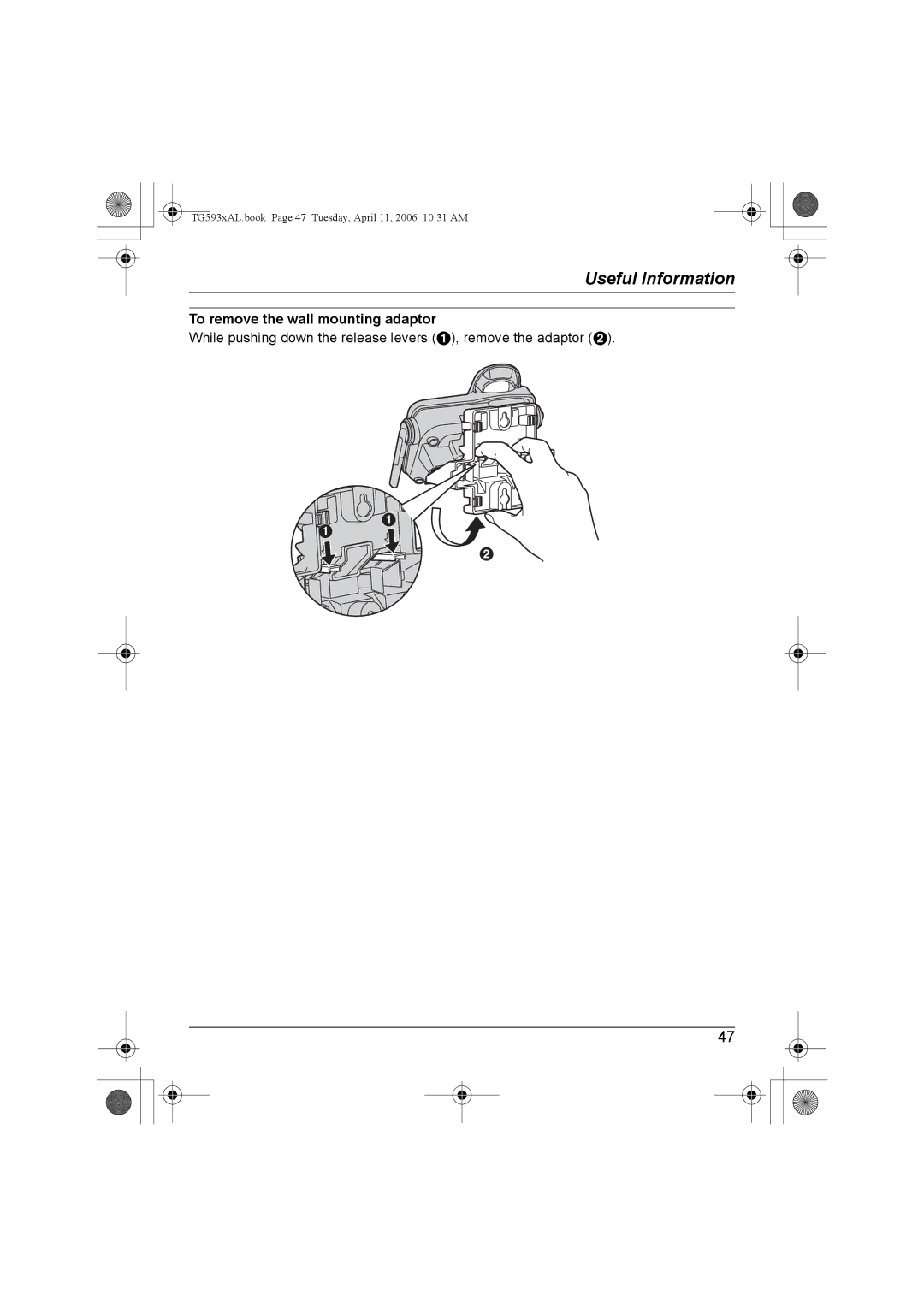 Panasonic KX-TG5934AL, KX-Tg5933AL, KX-TG5932AL, KX-TG5931AL operating instructions To remove the wall mounting adaptor 