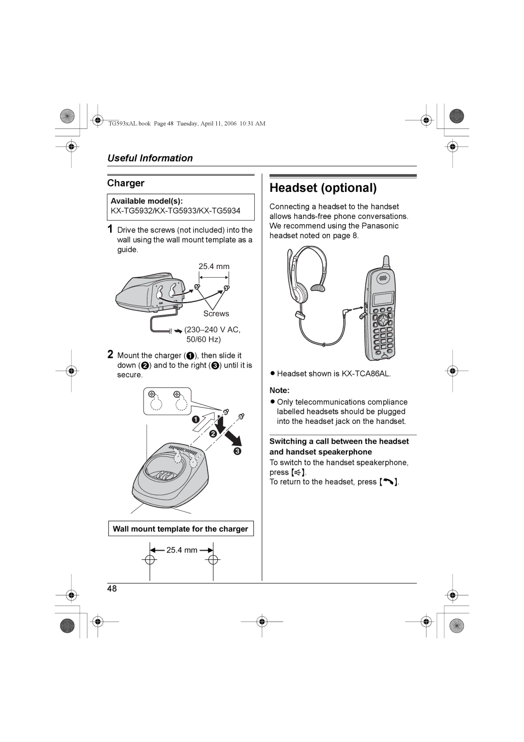 Panasonic KX-Tg5933AL, KX-TG5932AL, KX-TG5931AL, KX-TG5934AL Headset optional, Charger, Wall mount template for the charger 