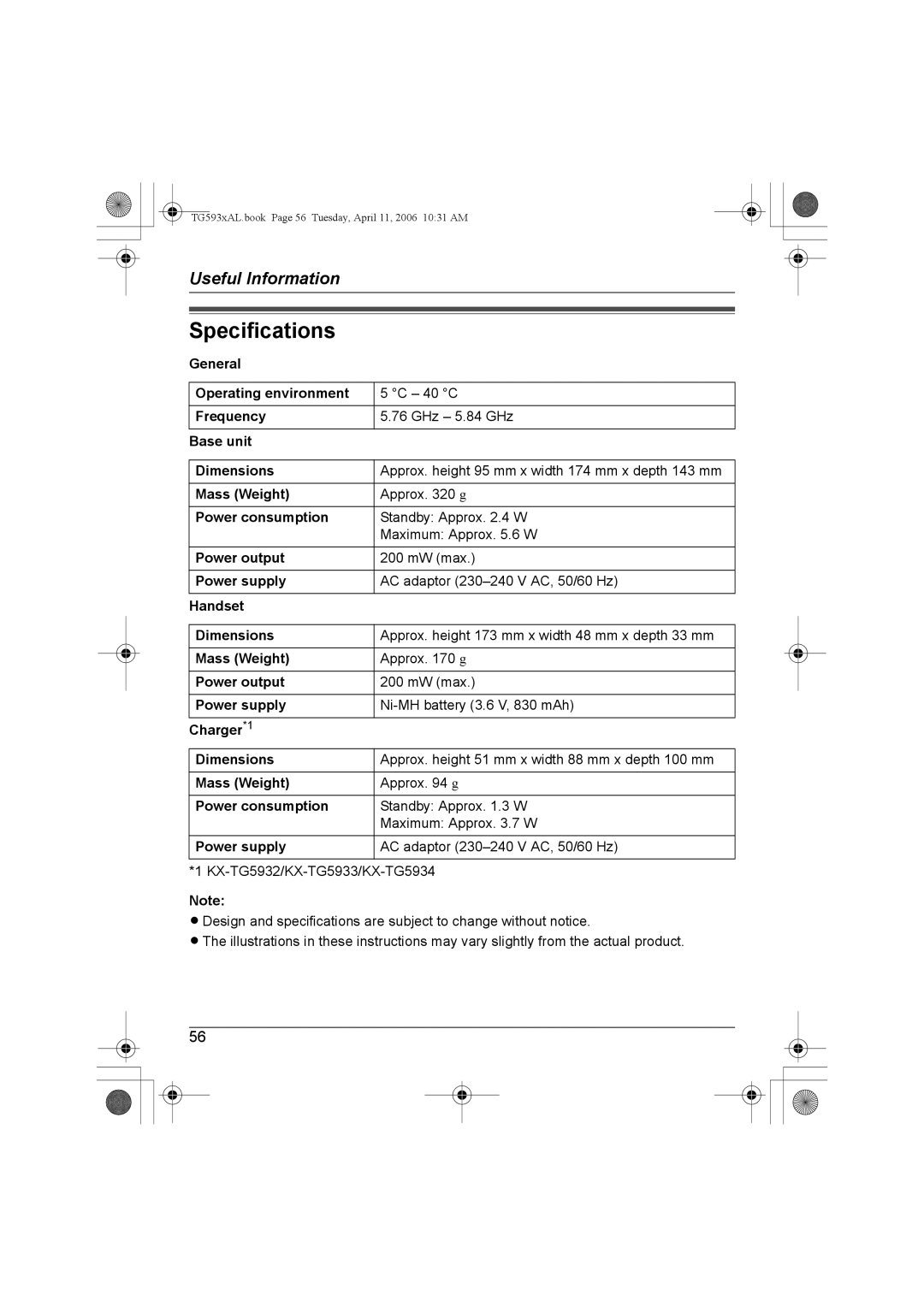 Panasonic KX-Tg5933AL, KX-TG5932AL, KX-TG5931AL, KX-TG5934AL operating instructions Specifications 