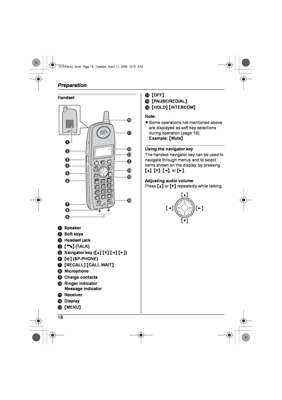 Panasonic KX-TG5931AL, KX-Tg5933AL Preparation, Handset, I A Speaker B Soft keys C Headset jack D C TALK E Navigator key 