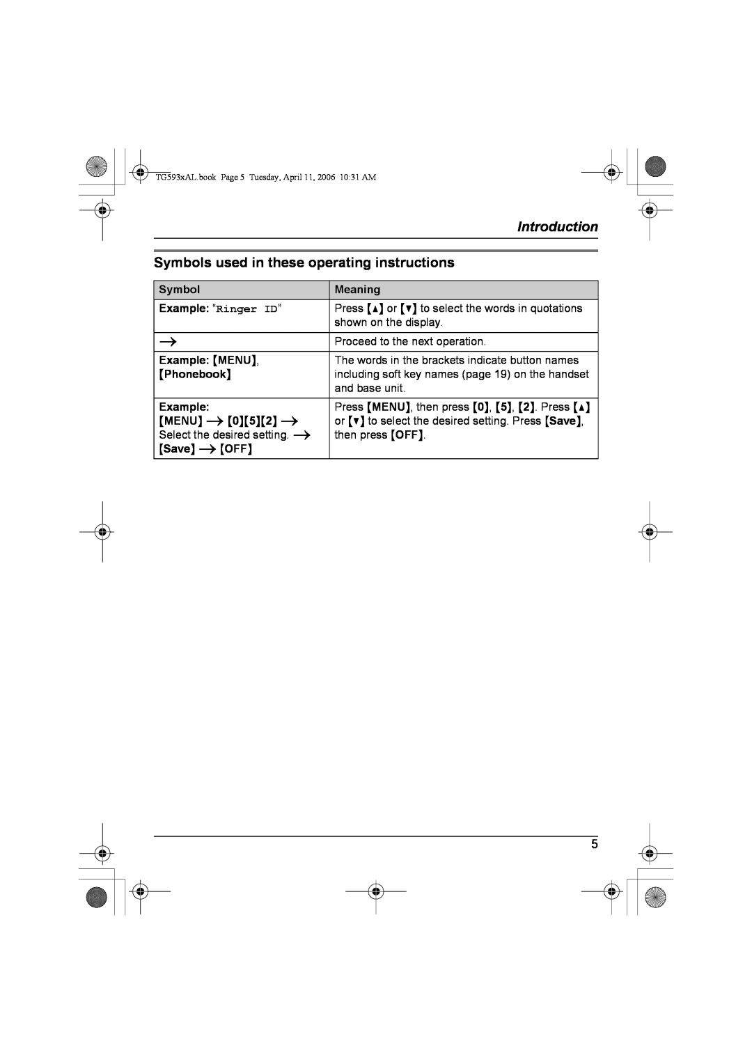 Panasonic KX-TG5932AL Introduction, Symbols used in these operating instructions, Meaning, Example “Ringer ID”, Phonebook 
