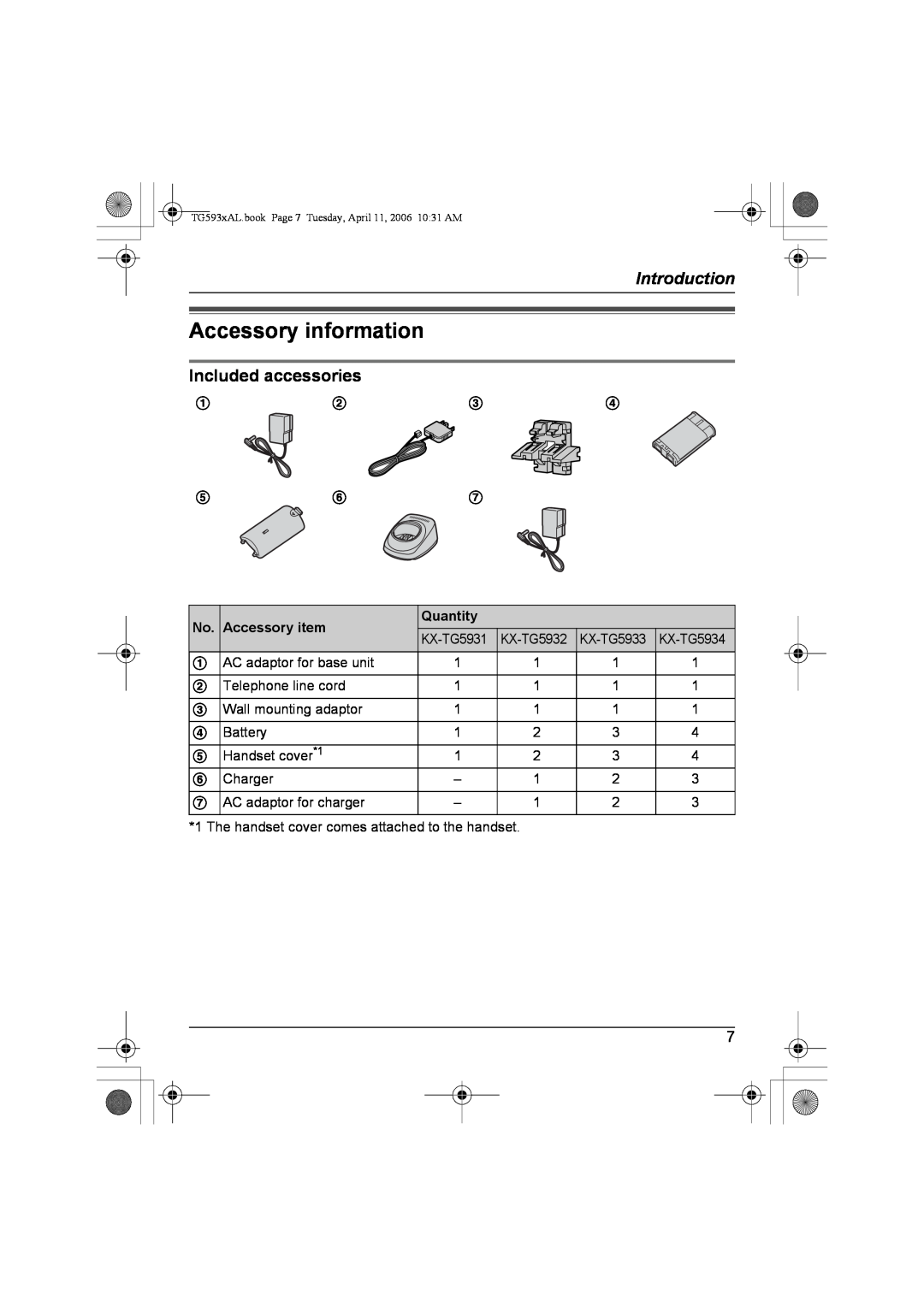 Panasonic KX-TG5934AL Accessory information, Introduction, Included accessories, Accessory item, Quantity, KX-TG5932 