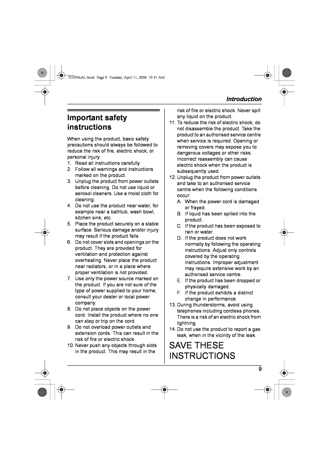 Panasonic KX-TG5932AL, KX-Tg5933AL, KX-TG5931AL Save These, Instructions, Important safety, instructions, Introduction 