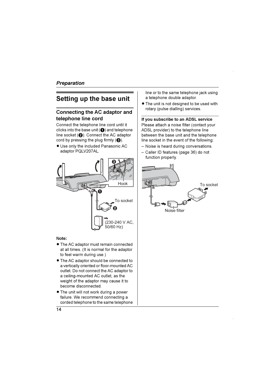 Panasonic KX-TG5961AL operating instructions Setting up the base unit, Connecting the AC adaptor and telephone line cord 