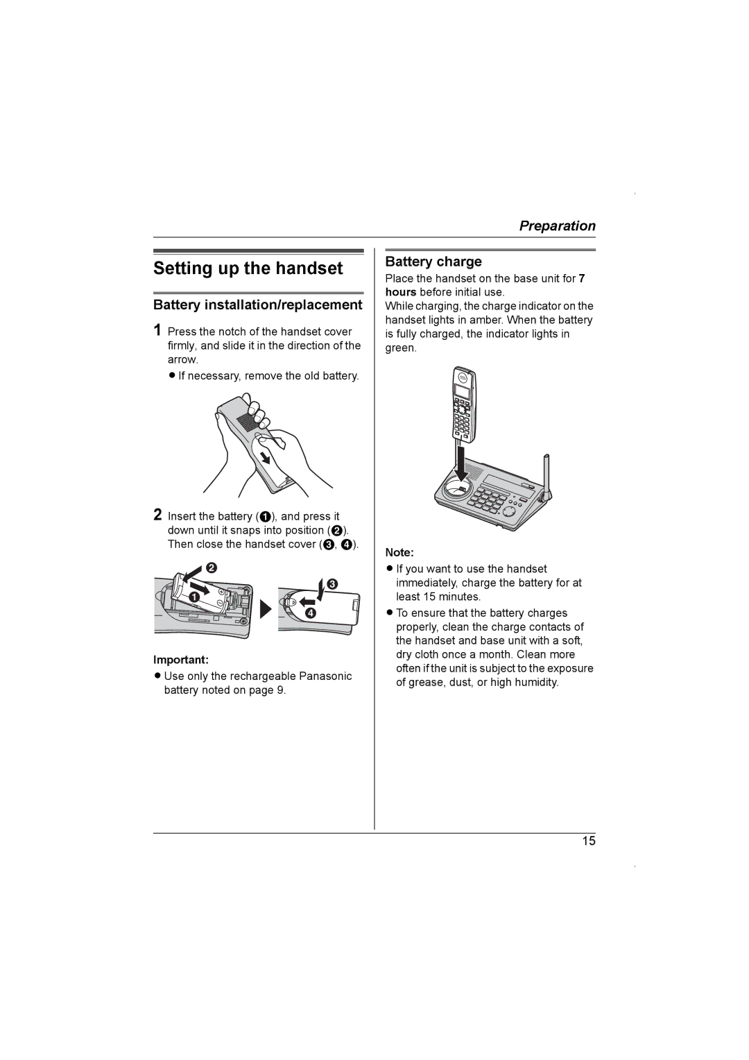 Panasonic KX-TG5961AL operating instructions Setting up the handset, Battery installation/replacement, Battery charge 