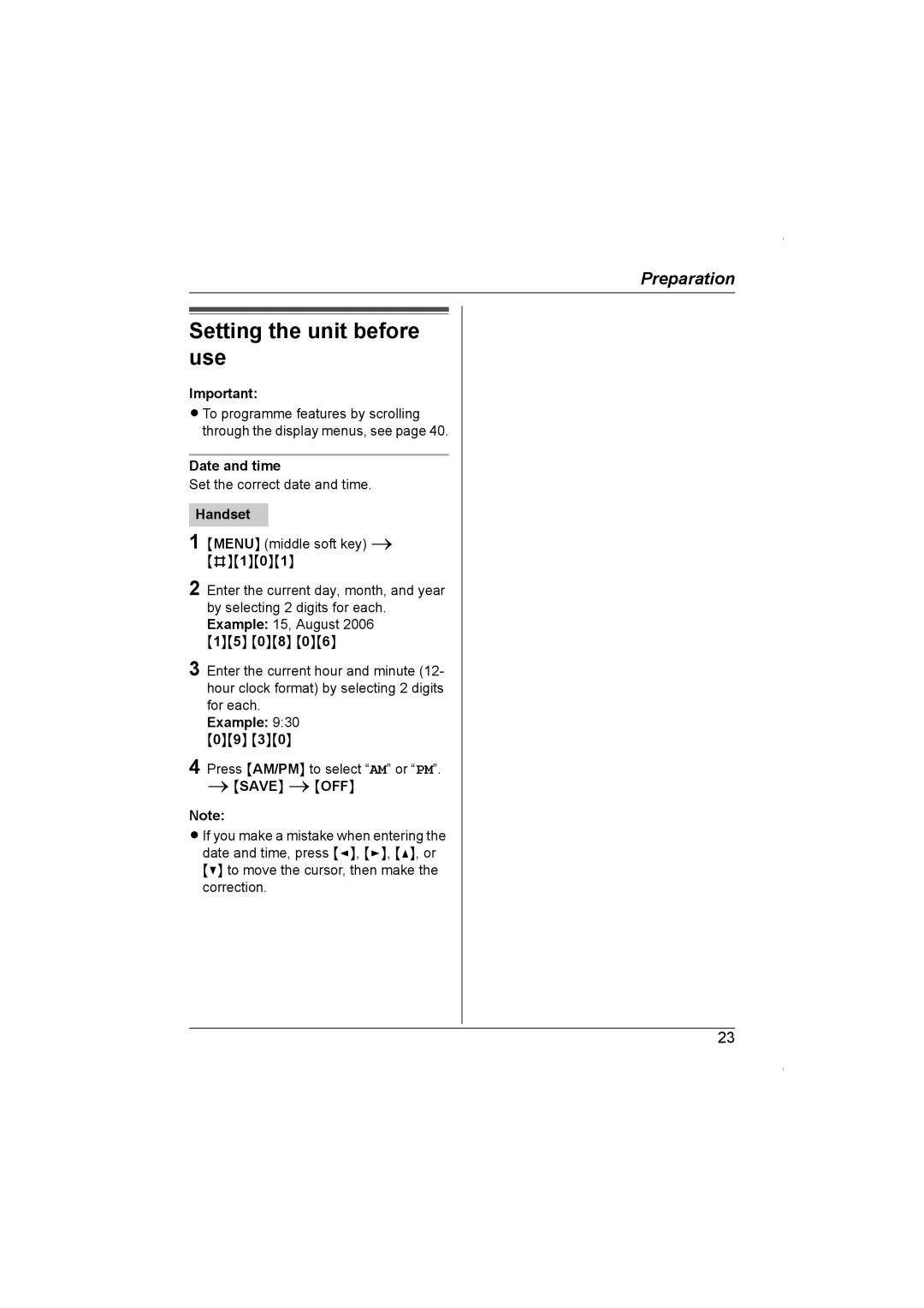 Panasonic KX-TG5961AL operating instructions Setting the unit before use, Date and time, Handset, Example 930 09 