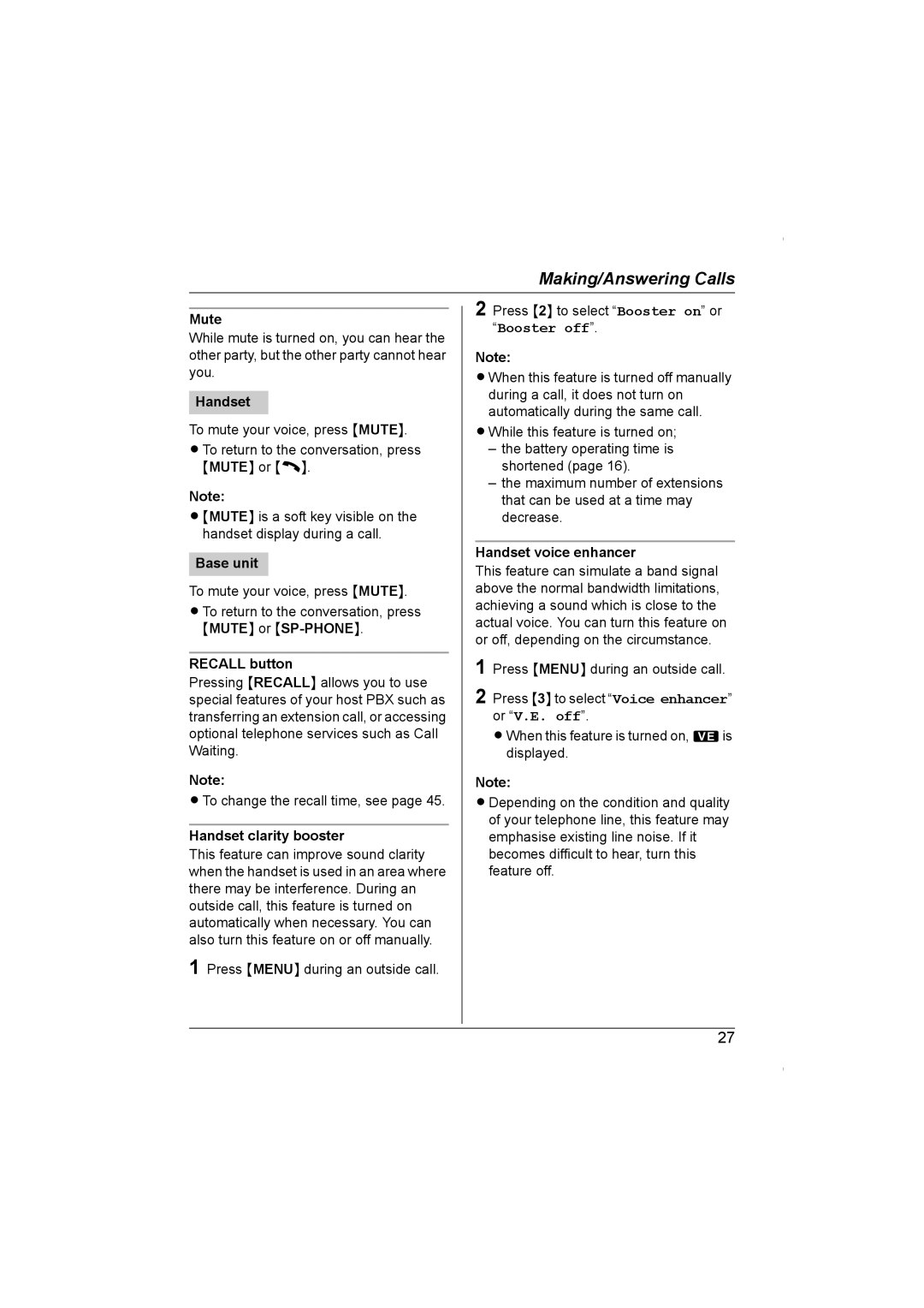 Panasonic KX-TG5961AL operating instructions Recall button, Handset clarity booster, Handset voice enhancer 