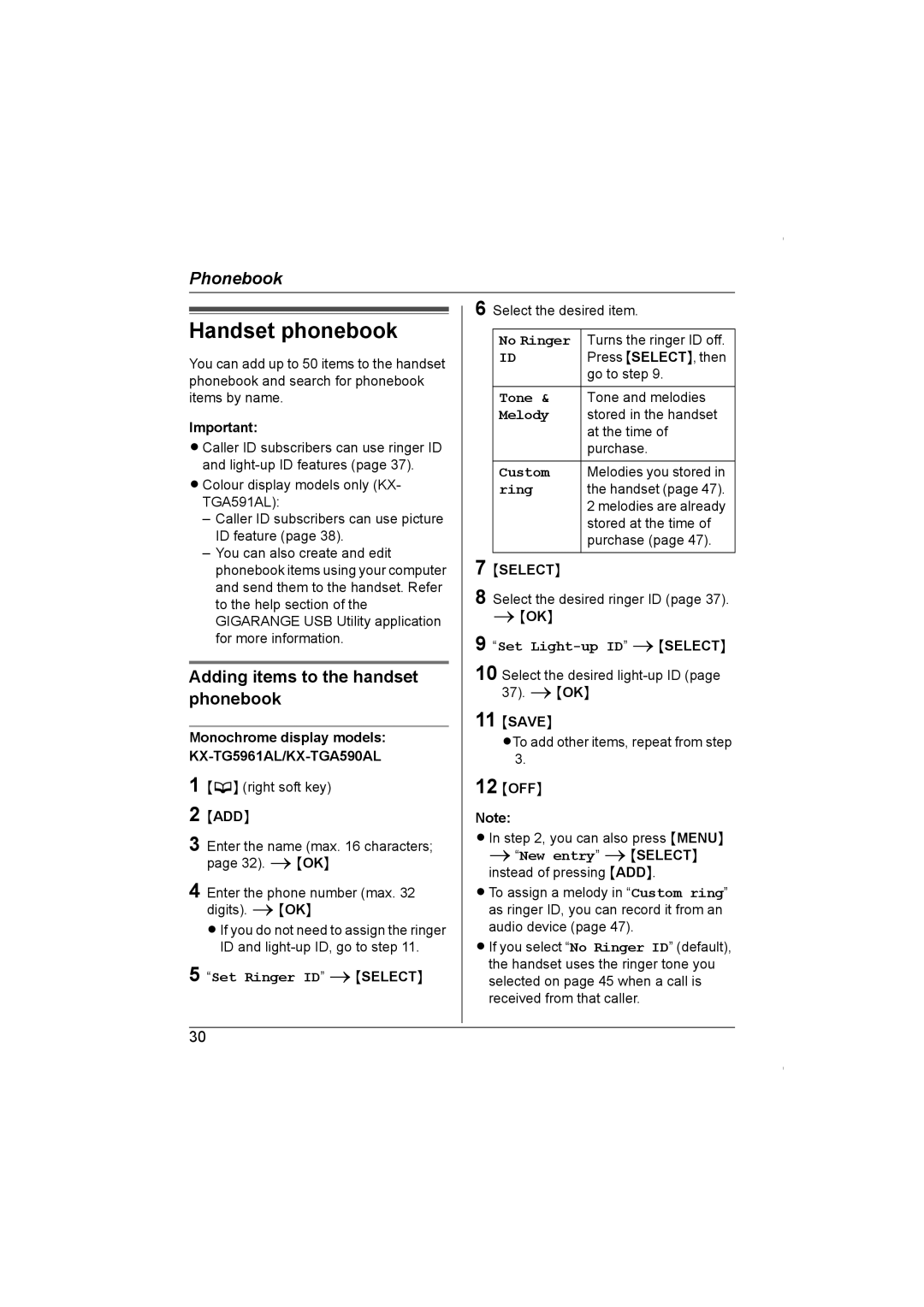 Panasonic KX-TG5961AL operating instructions Handset phonebook, Adding items to the handset phonebook, Save 