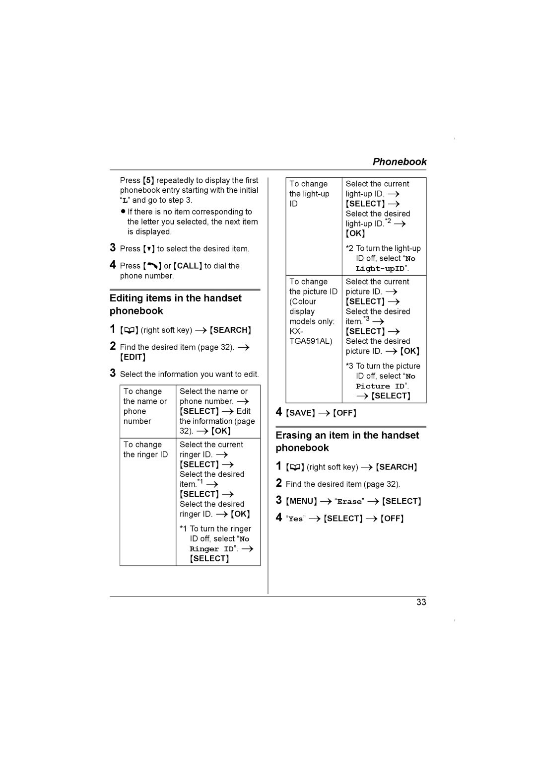 Panasonic KX-TG5961AL Editing items in the handset phonebook, Erasing an item in the handset phonebook, Select, Iselect 