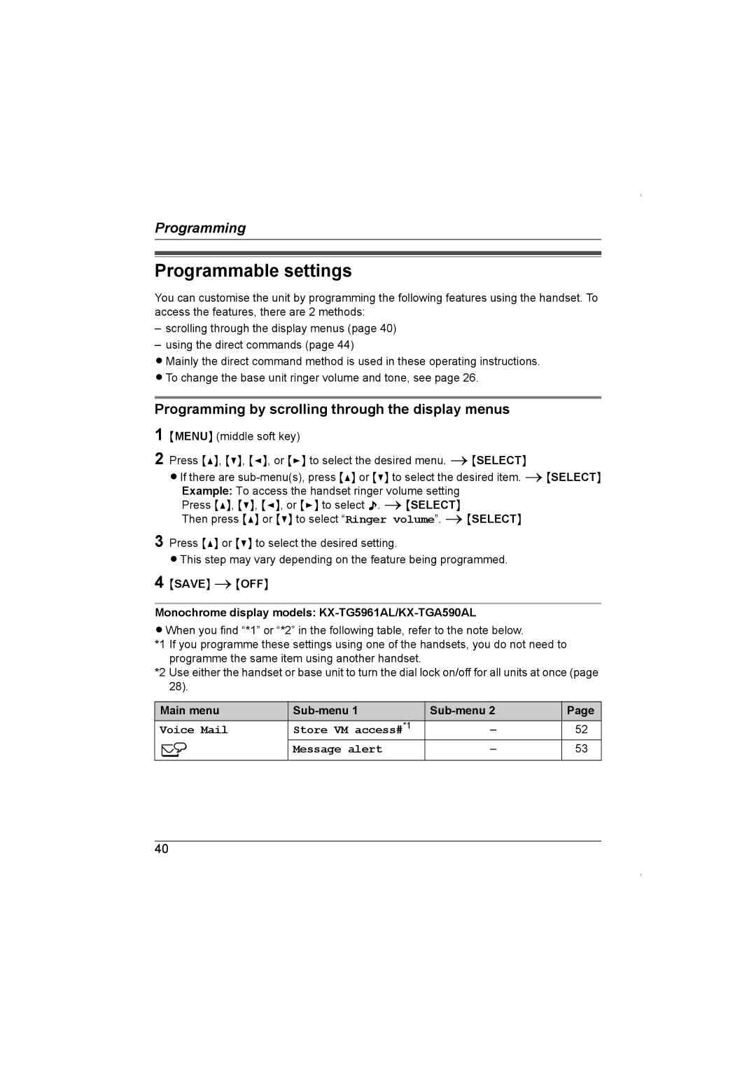 Panasonic KX-TG5961AL Programmable settings, Programming by scrolling through the display menus, Main menu Sub-menu 